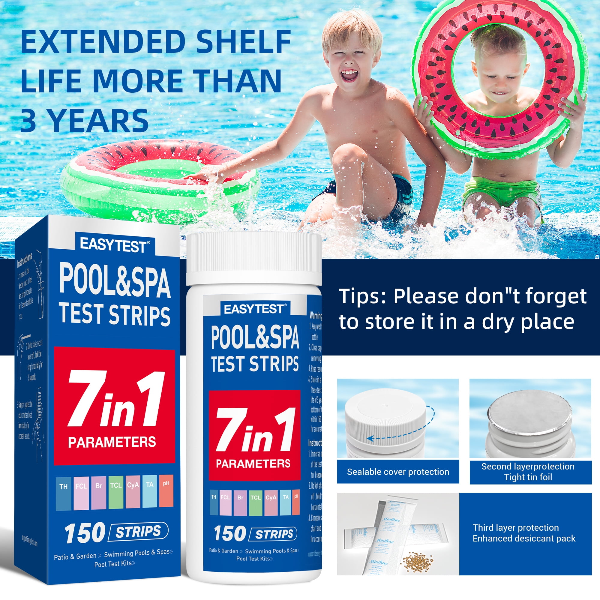 EASYTEST 7-in-1 Pool and Spa Water Quality Test Strips, Accurate pH, Chlorine, and Hardness Testing (150 Strips) 73srx