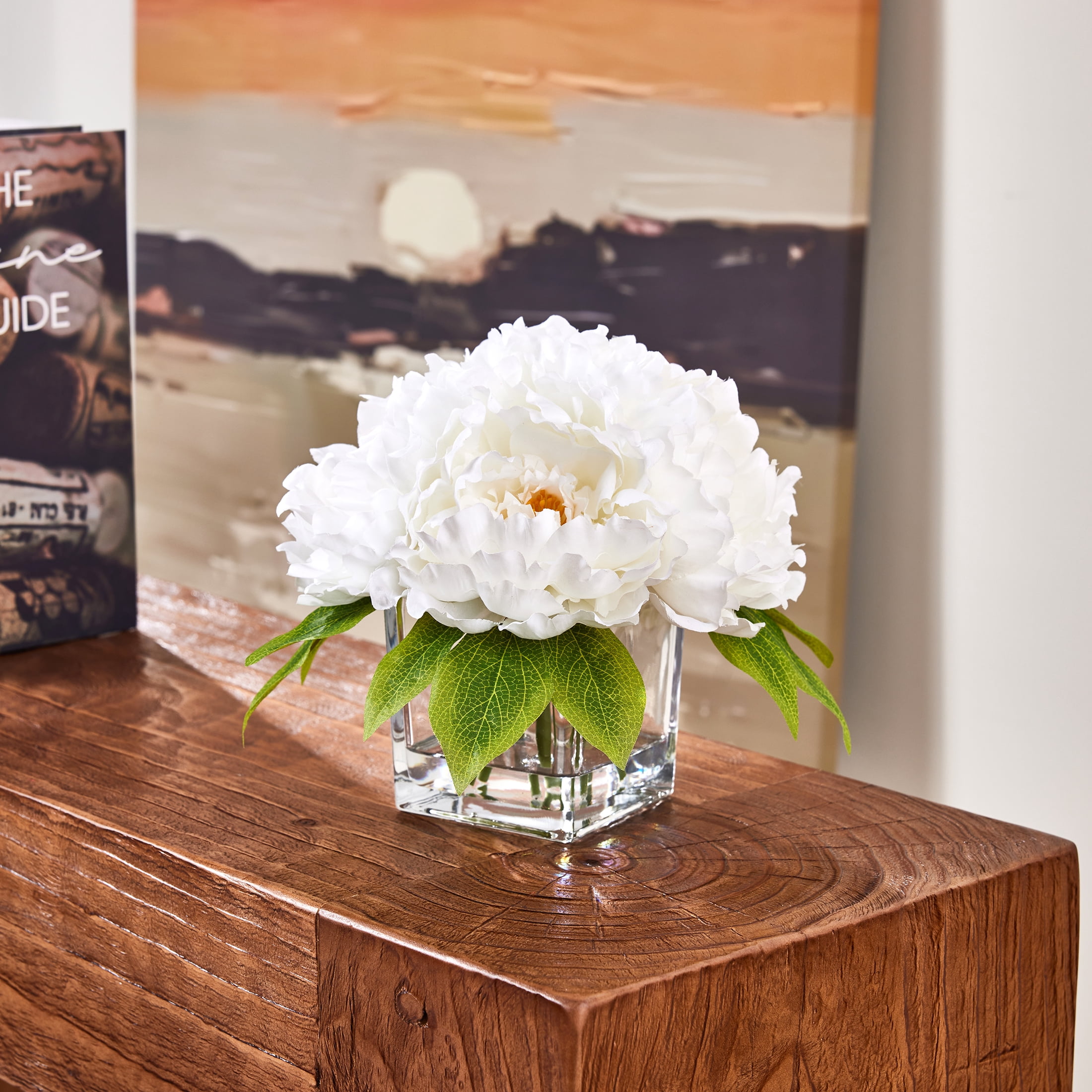 DR.Planzen Artificial Peony Flower Arrangement with Glass Vase (White, 8.4 in) mte3k
