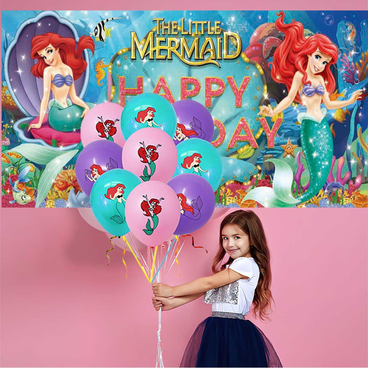 XYUJUNTAN Mermaid Birthday Party Supplies Set with Backdrop, Plates, and Cake Toppers (1 Set) 9nrjc