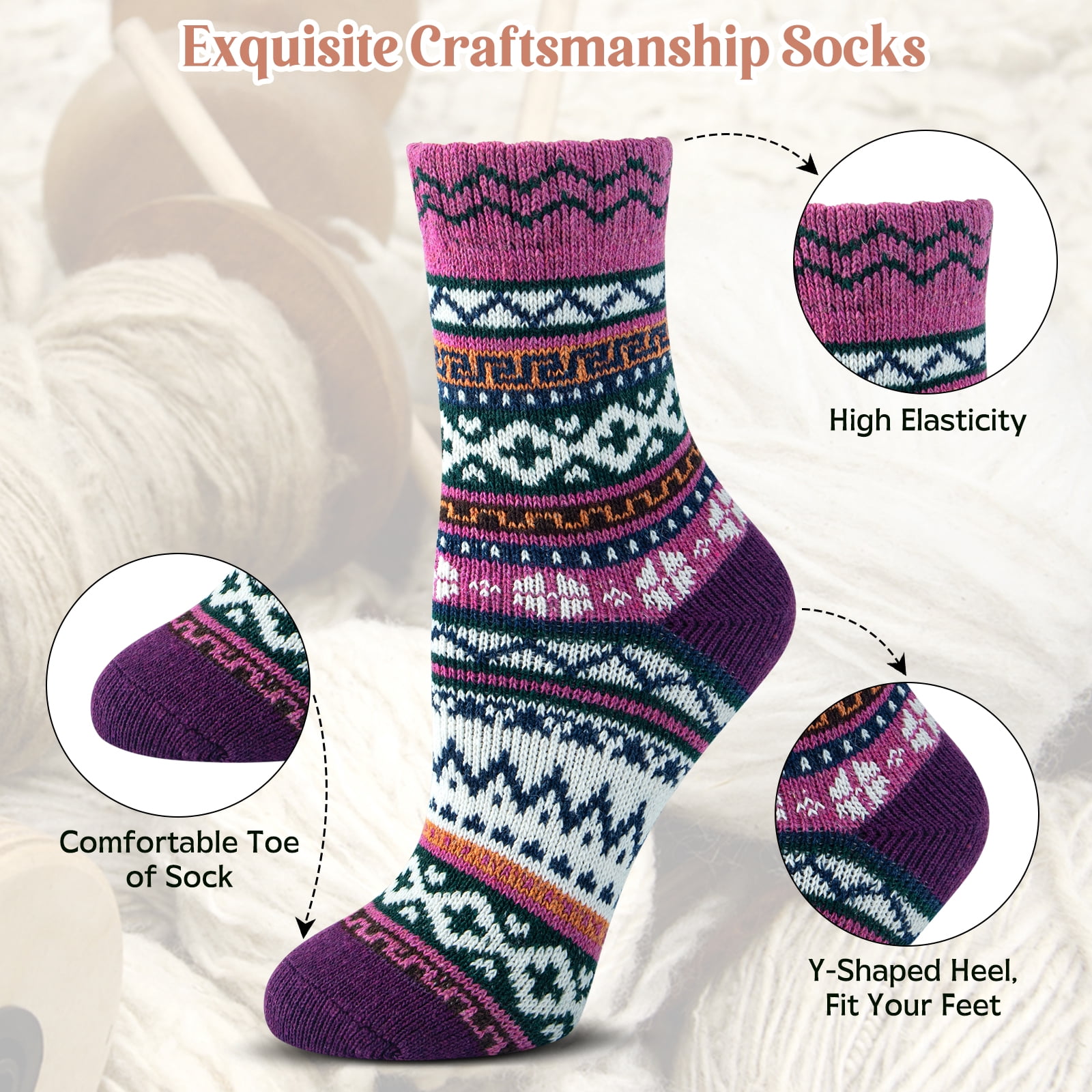 Loritta Women's Wool Thermal Socks, Cozy Winter Boot Crew Socks (Multi-Color, 5 Pairs, US Size 5-10) 4k3ii