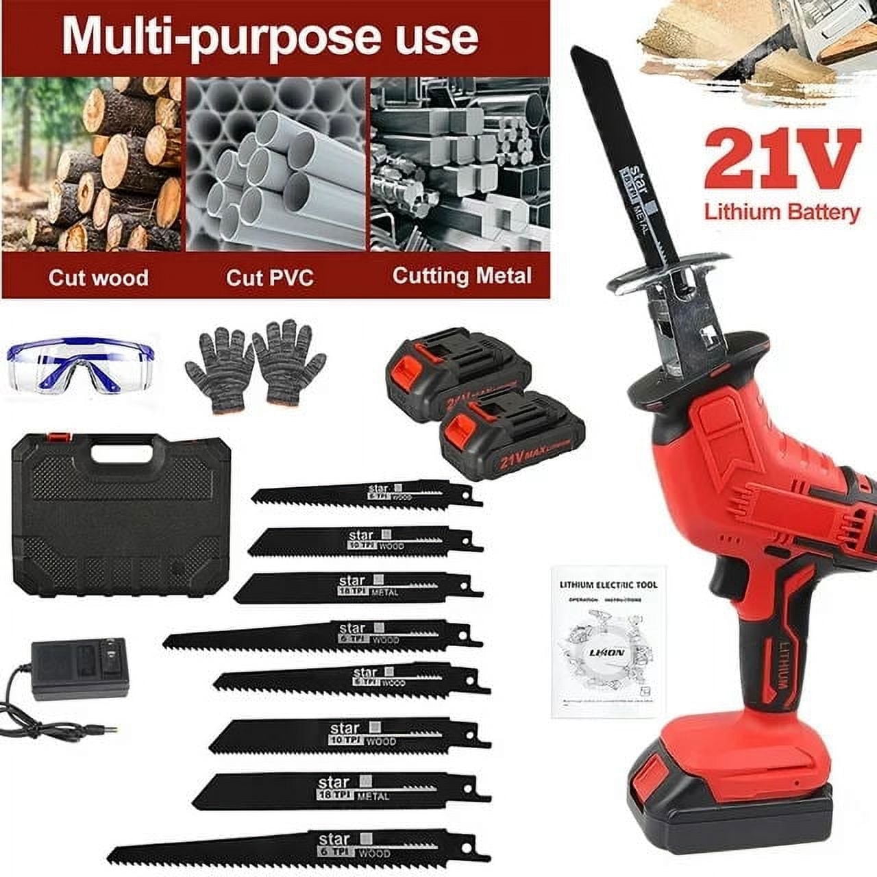 ANTNOMEXIN Cordless Reciprocating Saw Kit, Electric Power Hand Saw with 2 Batteries, Fast Charger, and 8 Saw Blades for Wood, Metal, and PVC Cutting 7fv66