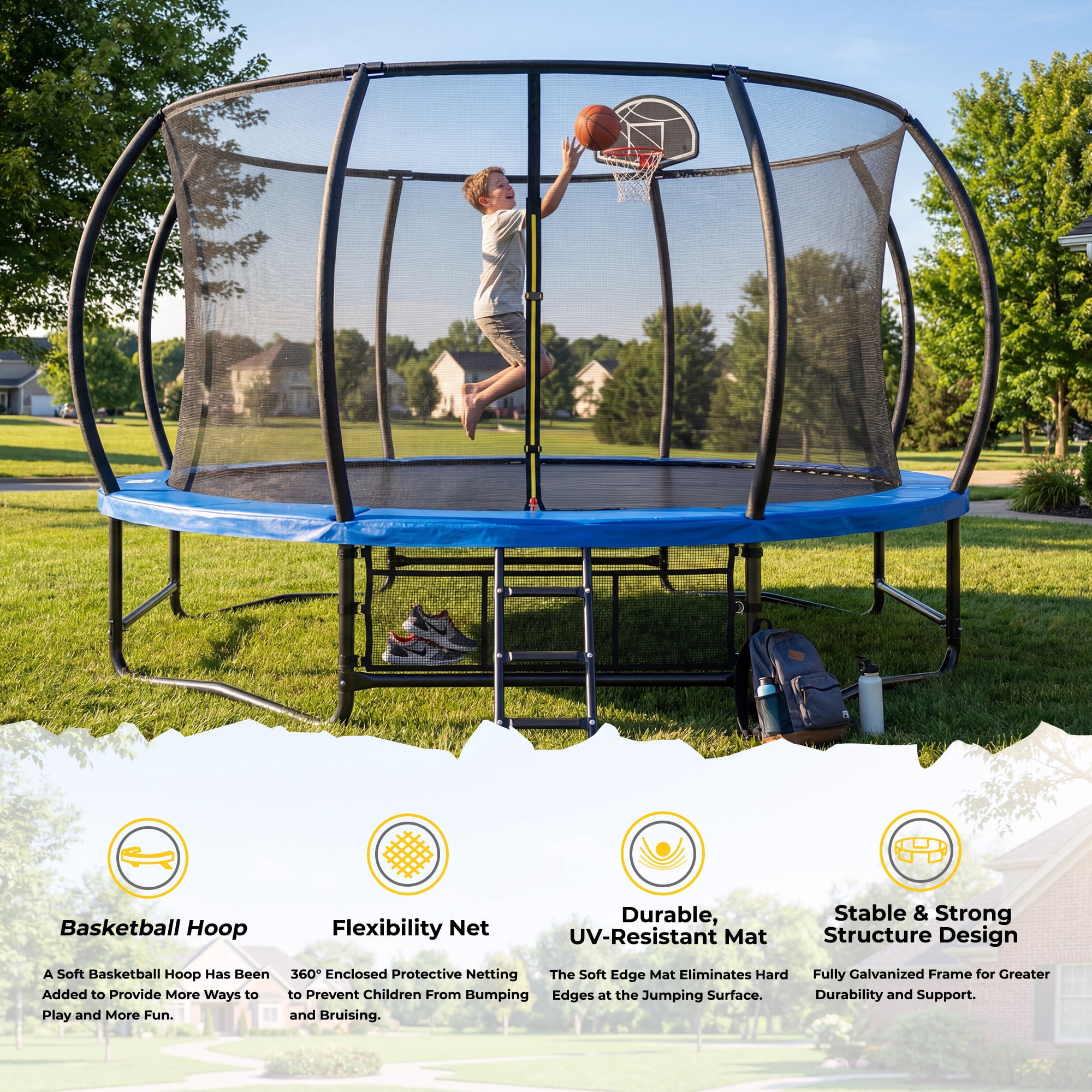 Mersco 14ft Outdoor Trampoline with Enclosure Net, Basketball Hoop, and Storage Bag (Blue, 14 ft) ue87b