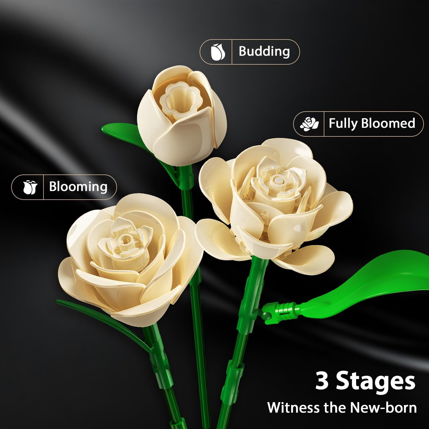 TERRAMUS White Rose Bouquet Building Set with LED Light, Floral Construction Blocks for Home Decor (White, 523 Pieces) o6jjt