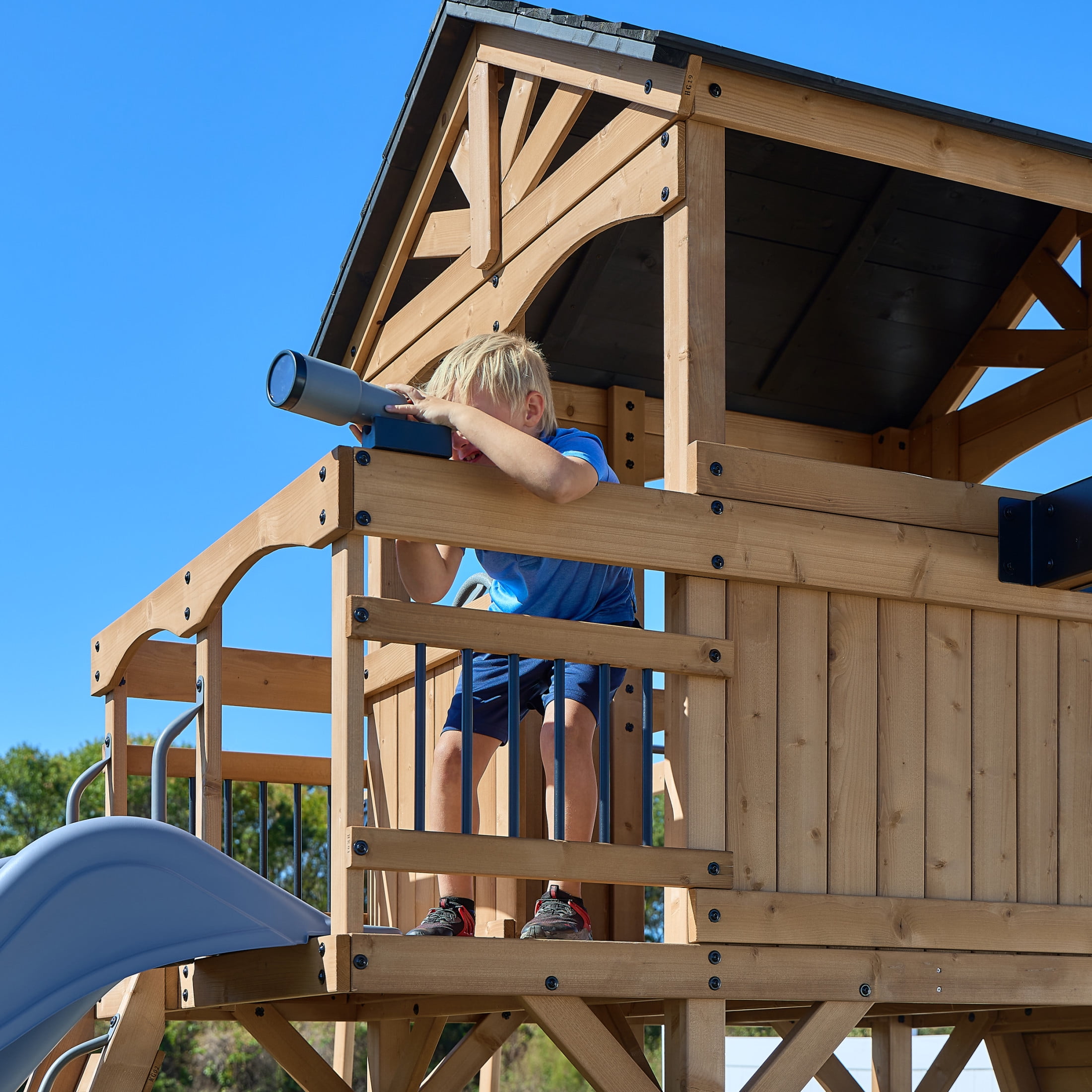 Backyard Discovery Dover Bay Spruce Swing Set with Clubhouse, Slide, Monkey Bars, and Rock Wall (Brown, 19.5 ft x 11.5 ft) 054gx