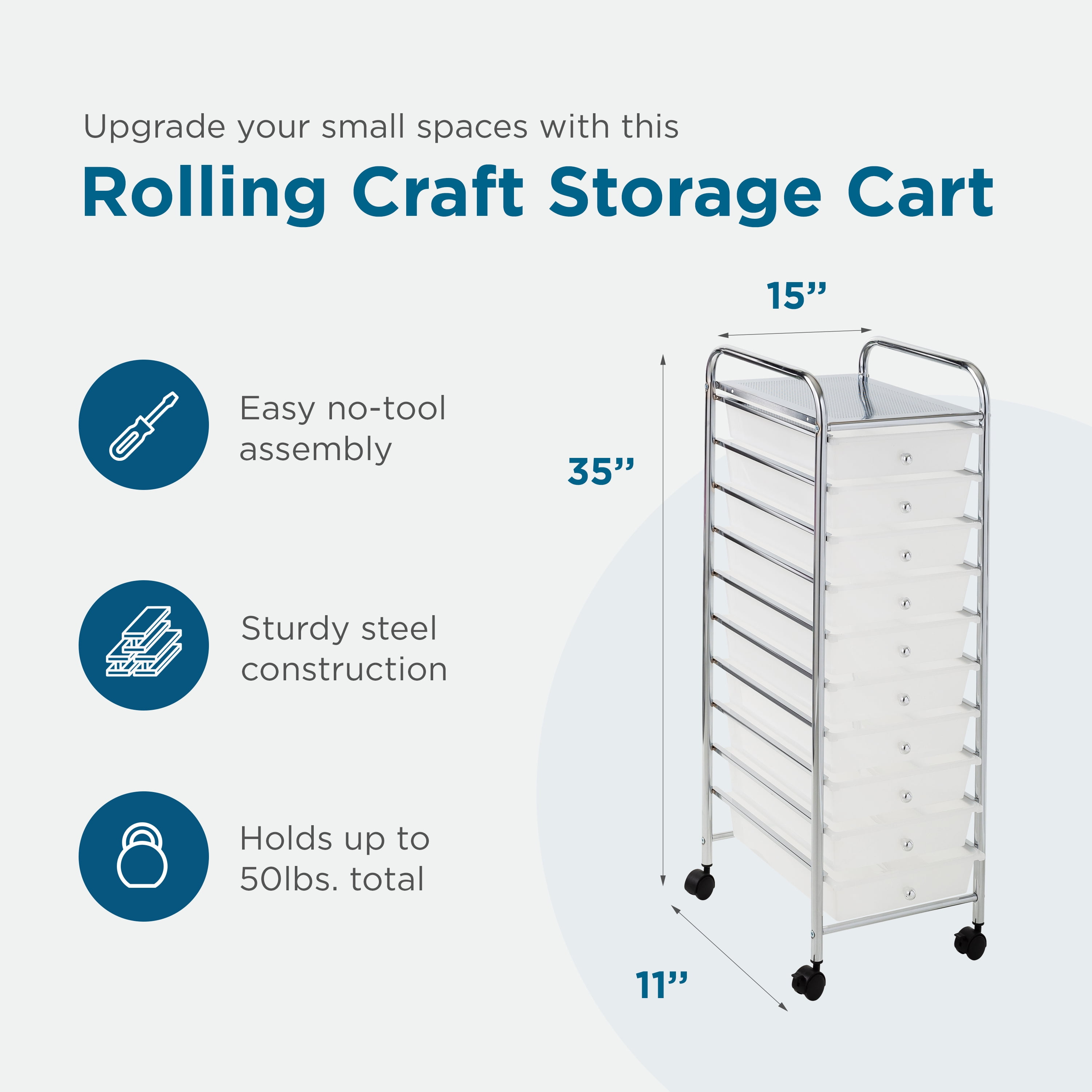 Hello Hobby 10-Drawer Rolling Craft Cart, Mobile Storage Organizer with Locking Wheels (Clear/Chrome, 15.31 in L x 12.6 in W x 38.1 in H) k0lp3