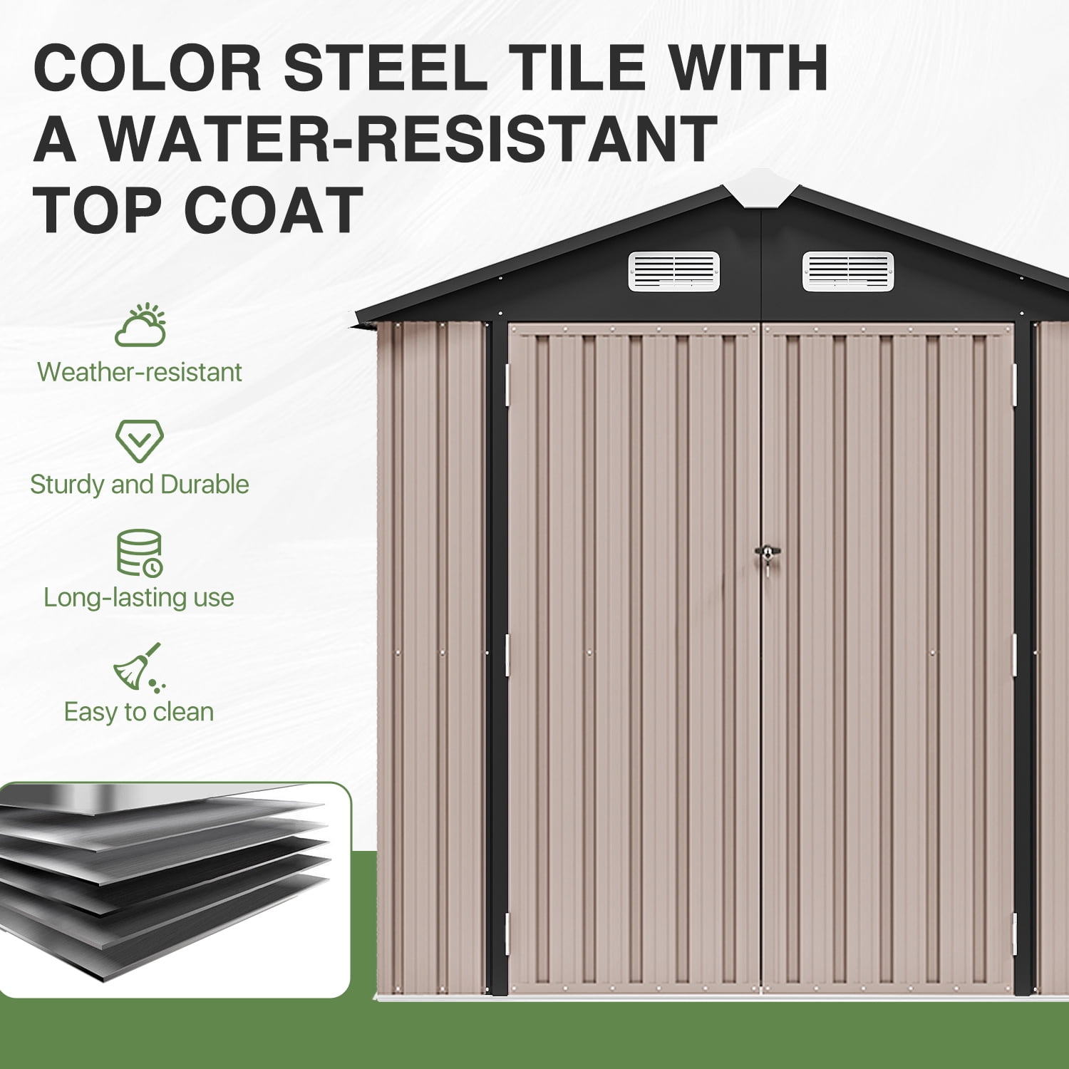 Sunmthink Outdoor Storage Shed, Galvanized Steel Tool Shed with Lockable Door and Vents (Brown, 6 ft x 4 ft) yl3su
