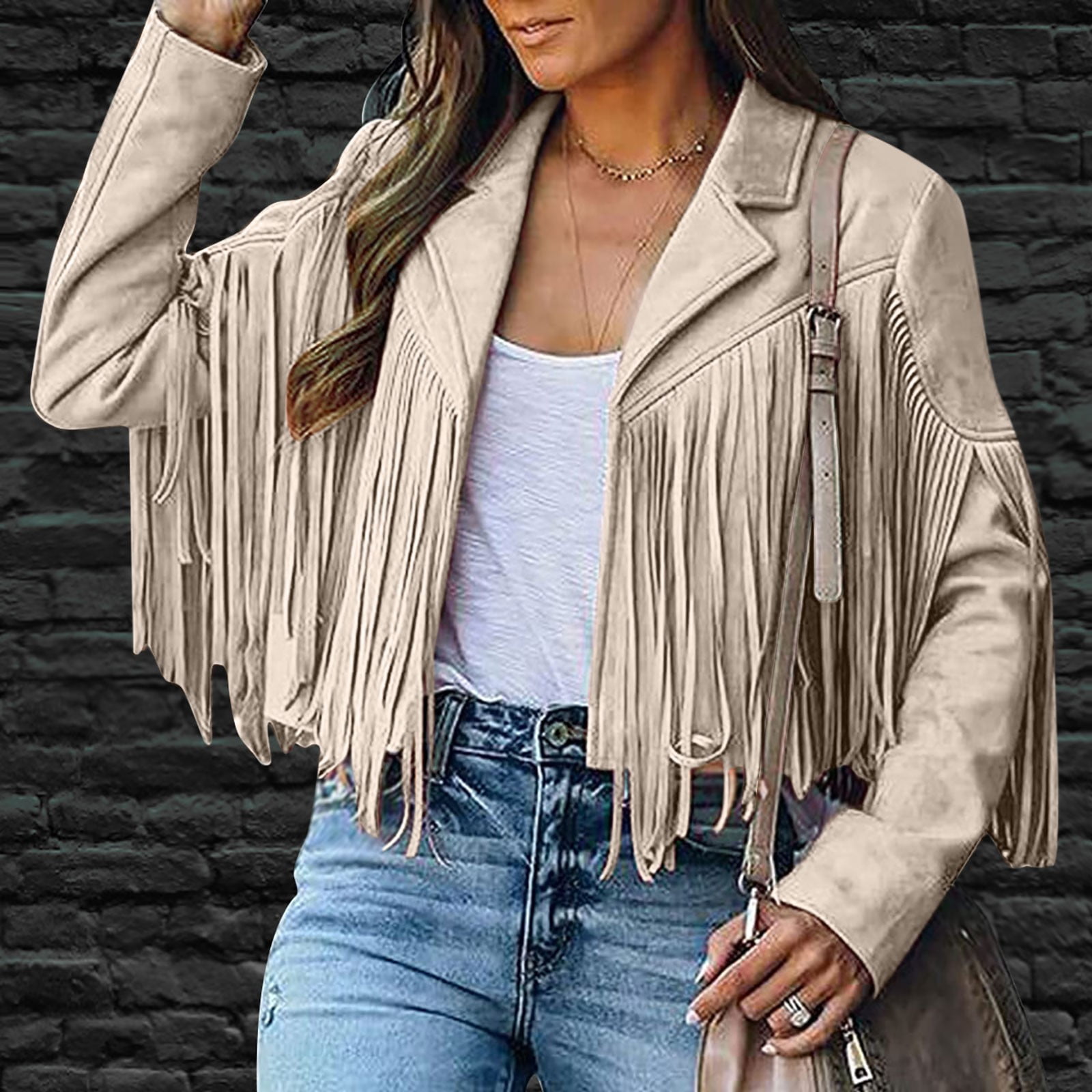 FAVIPT Women's Faux Suede Fringe Jacket Open-Front Western Hippie Cardigan (Black, S) hrbyn