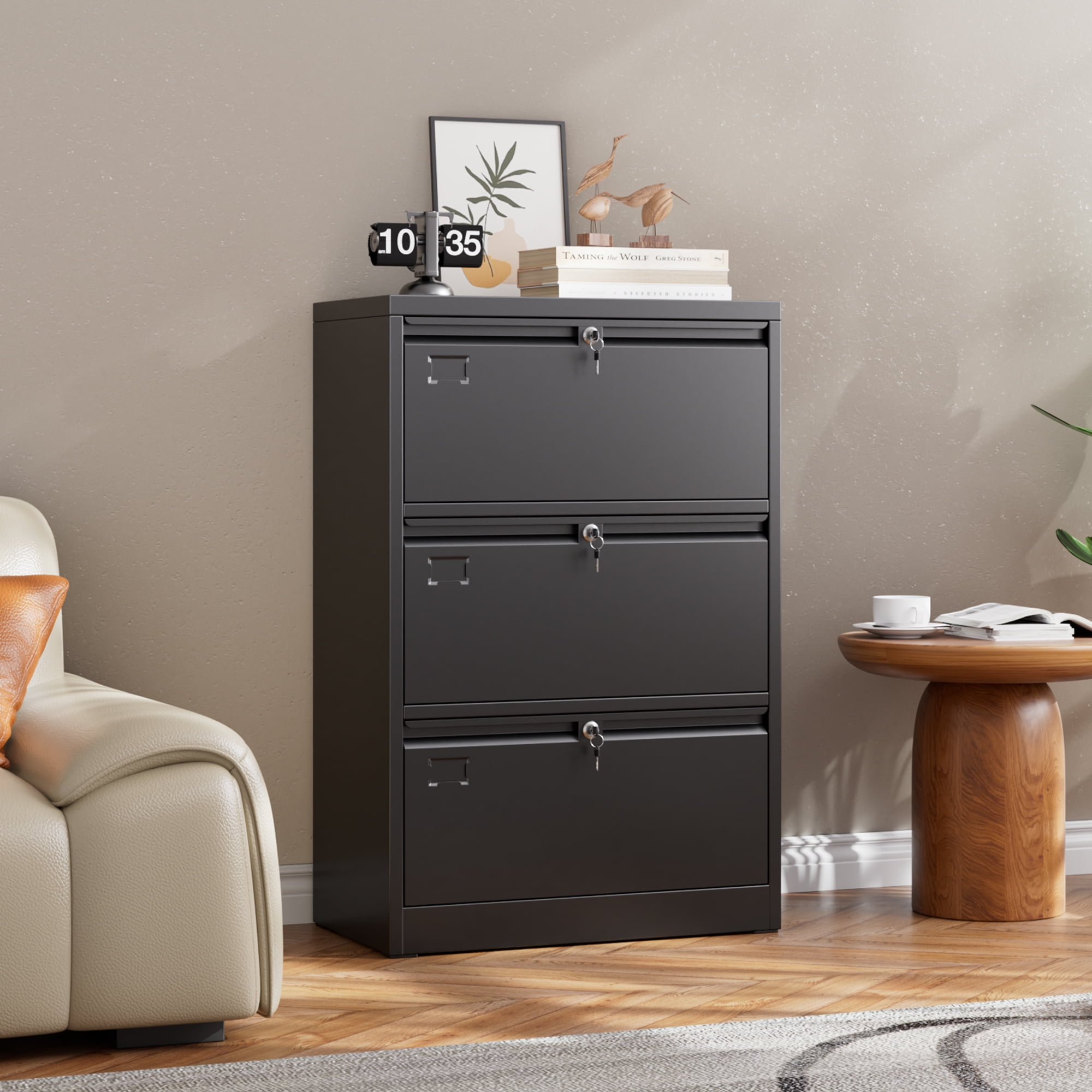 GangMei 3-Drawer Metal Lateral File Cabinet with Individual Locks and Hanging Folder Rails (Black) pyuz5