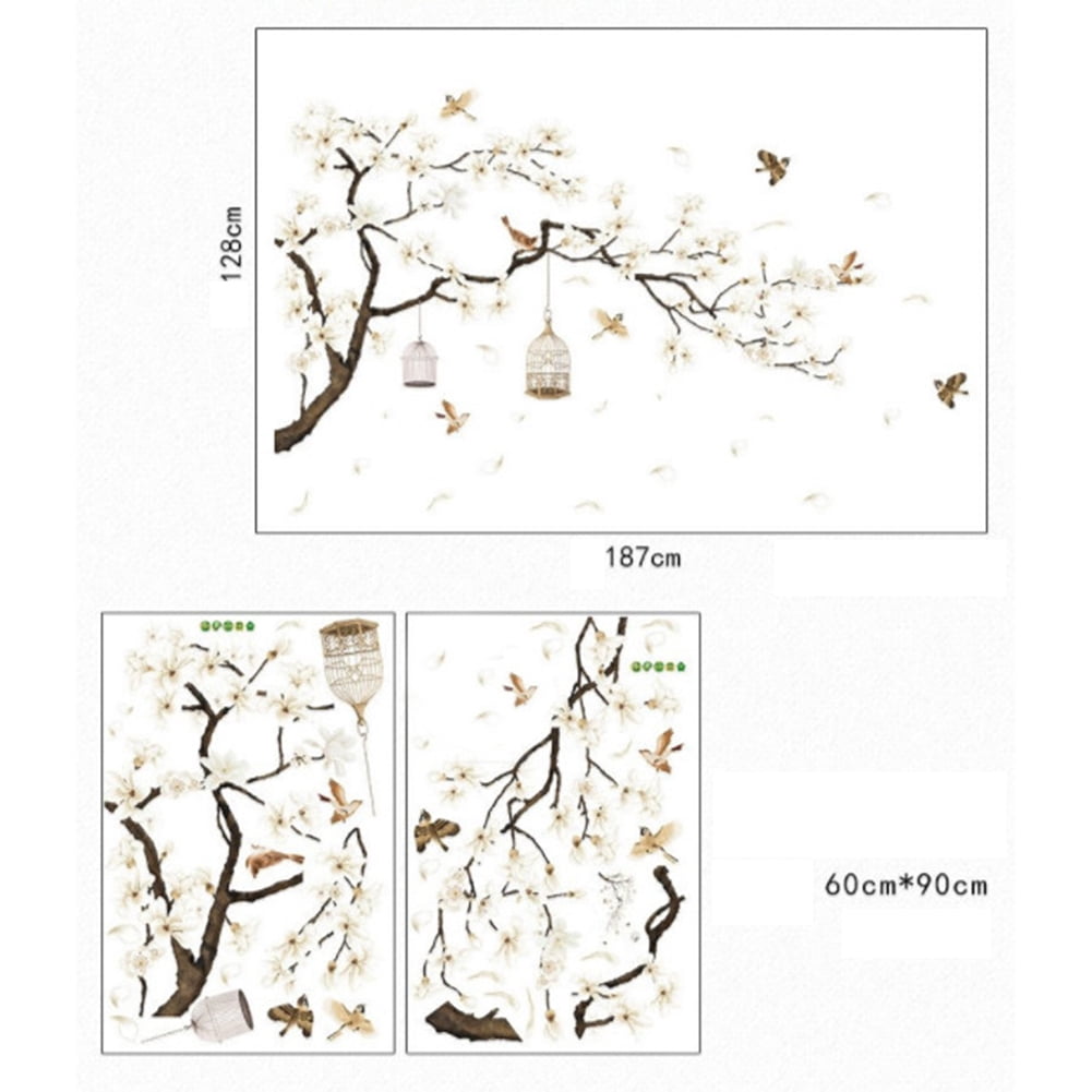 AKDSteel Large Tree Wall Decals with Birds and Flowers (White, 73.6 in x 50.4 in) 81vgn