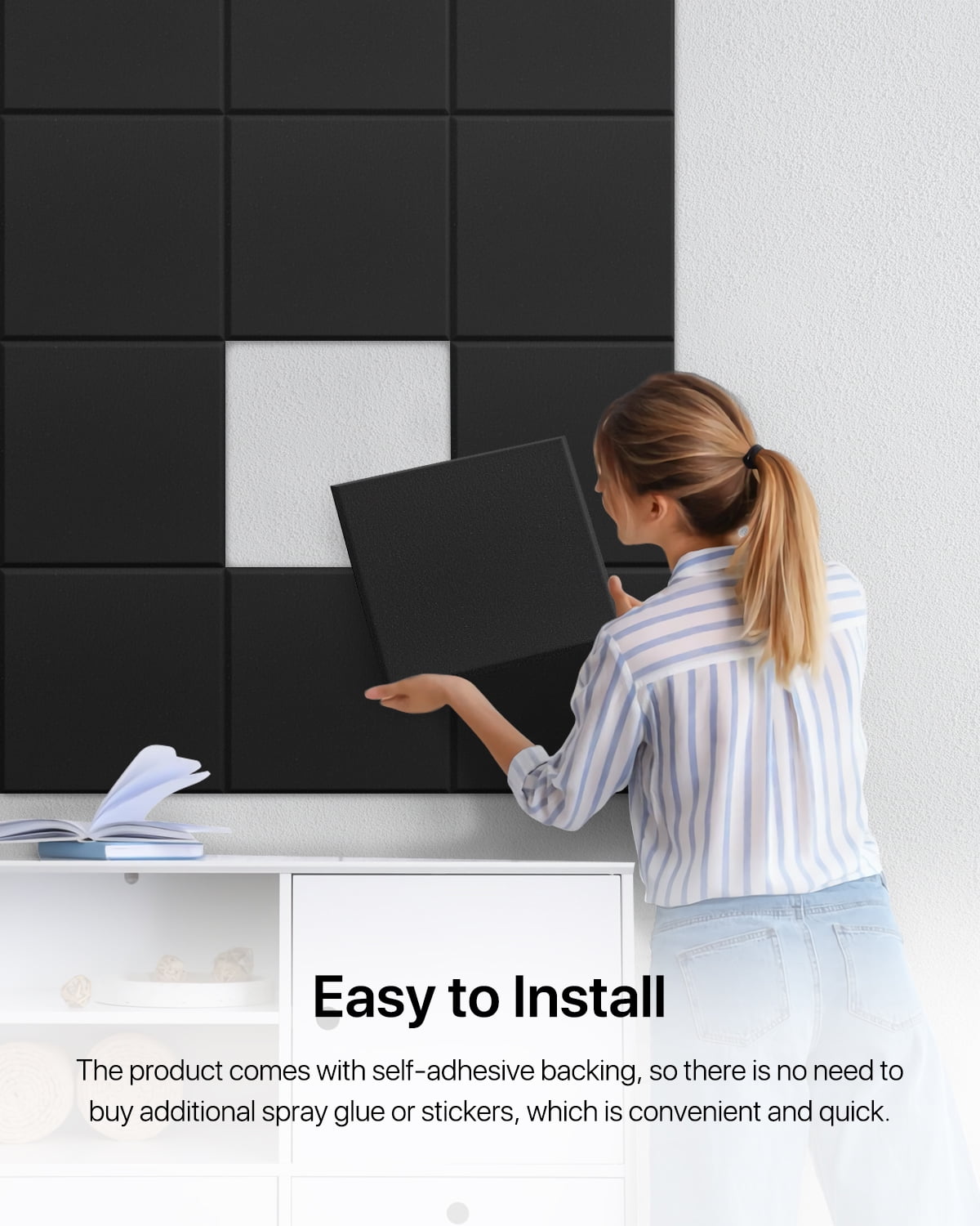 Soundsbay Soundproof Wall Panels Self-Adhesive Noise Cancelling Acoustic Tiles for Home Studio (Black, 12 Pack, 12 in x 12 in) ck77g