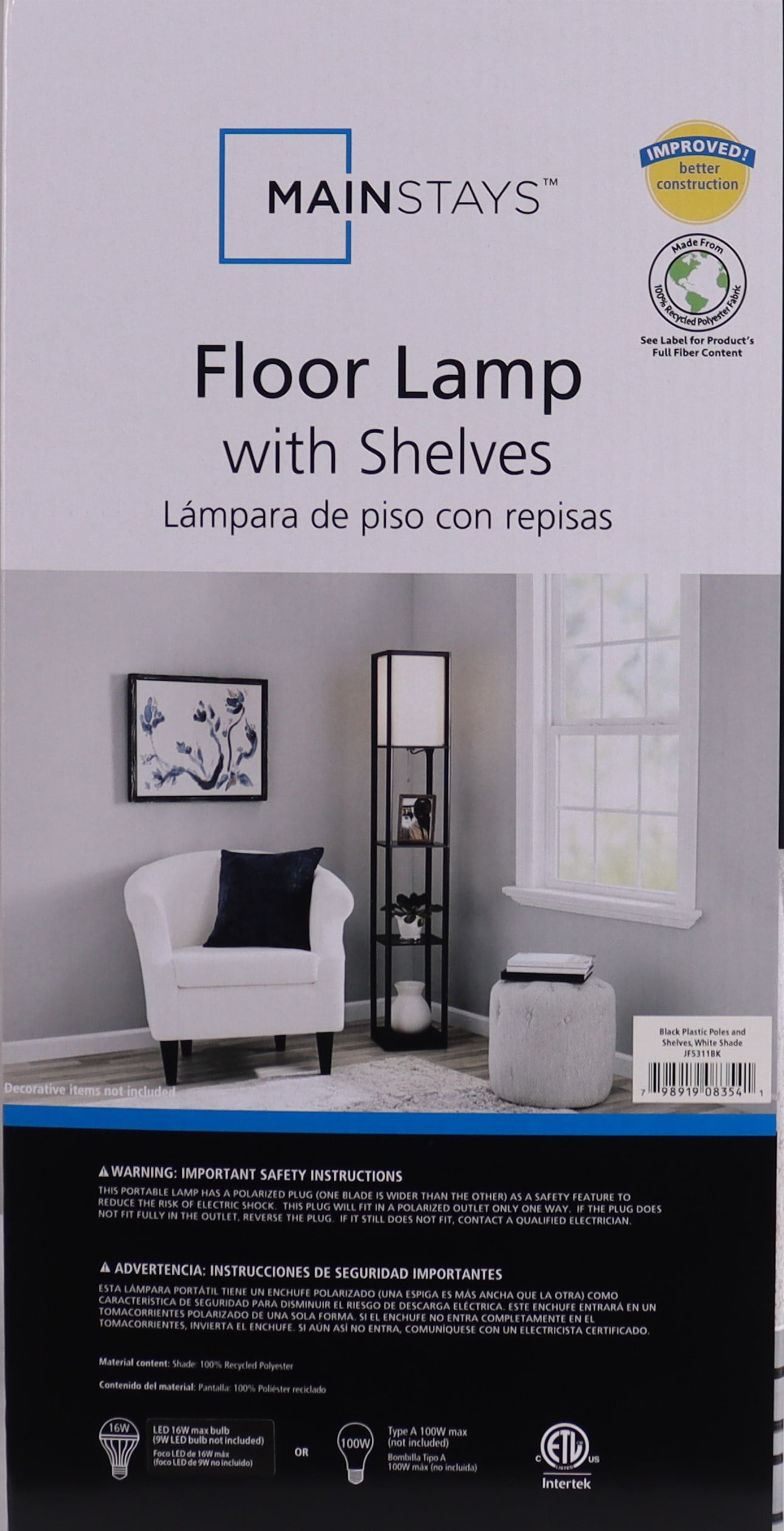 Mainstays Floor Lamp with Storage Shelves and Fabric Shade (Black, 62 in) wfgvd