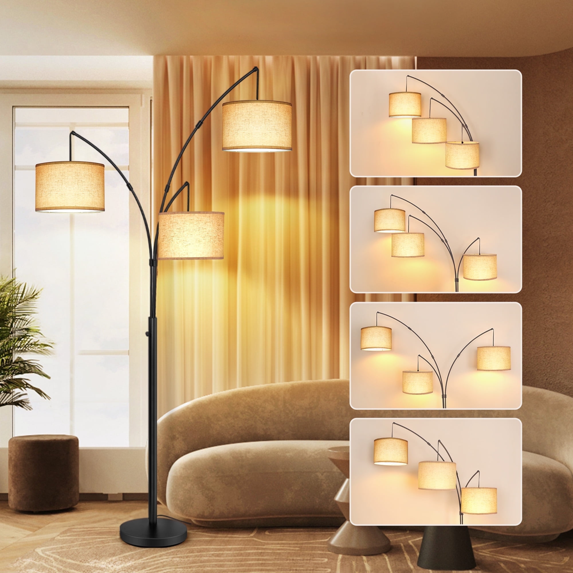 Outon 3-Light Arc Floor Lamp, Modern Standing Lamp with Linen Shades, Adjustable Multi-Directional Lighting for Living Room and Bedroom (Black, 80 in) h8x18