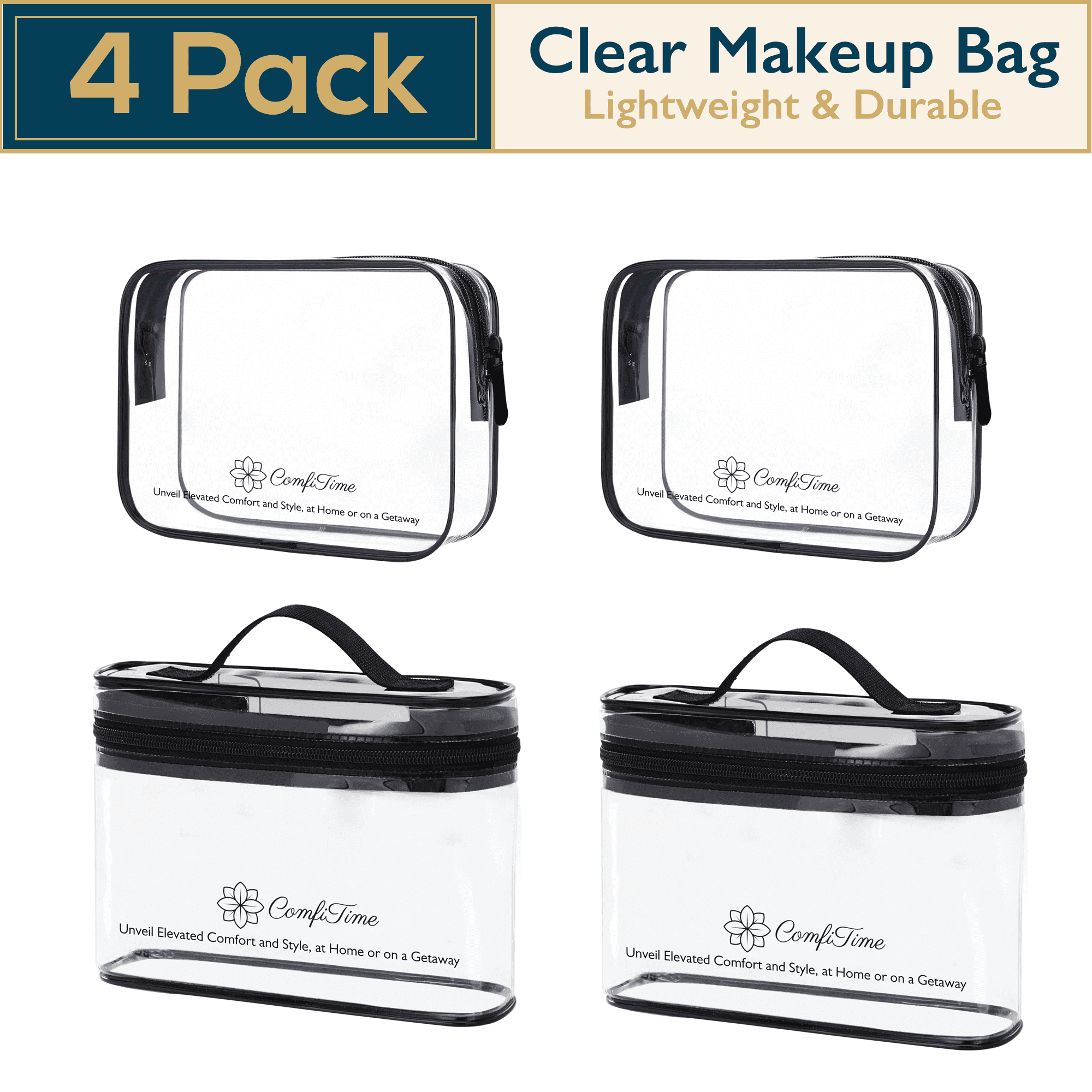 ComfiTime Clear Makeup Bag Set, TSA Approved Travel Toiletry Organizer, Waterproof Cosmetic Pouch for Travel & Daily Use (Clear, 4-Pack) hrxys