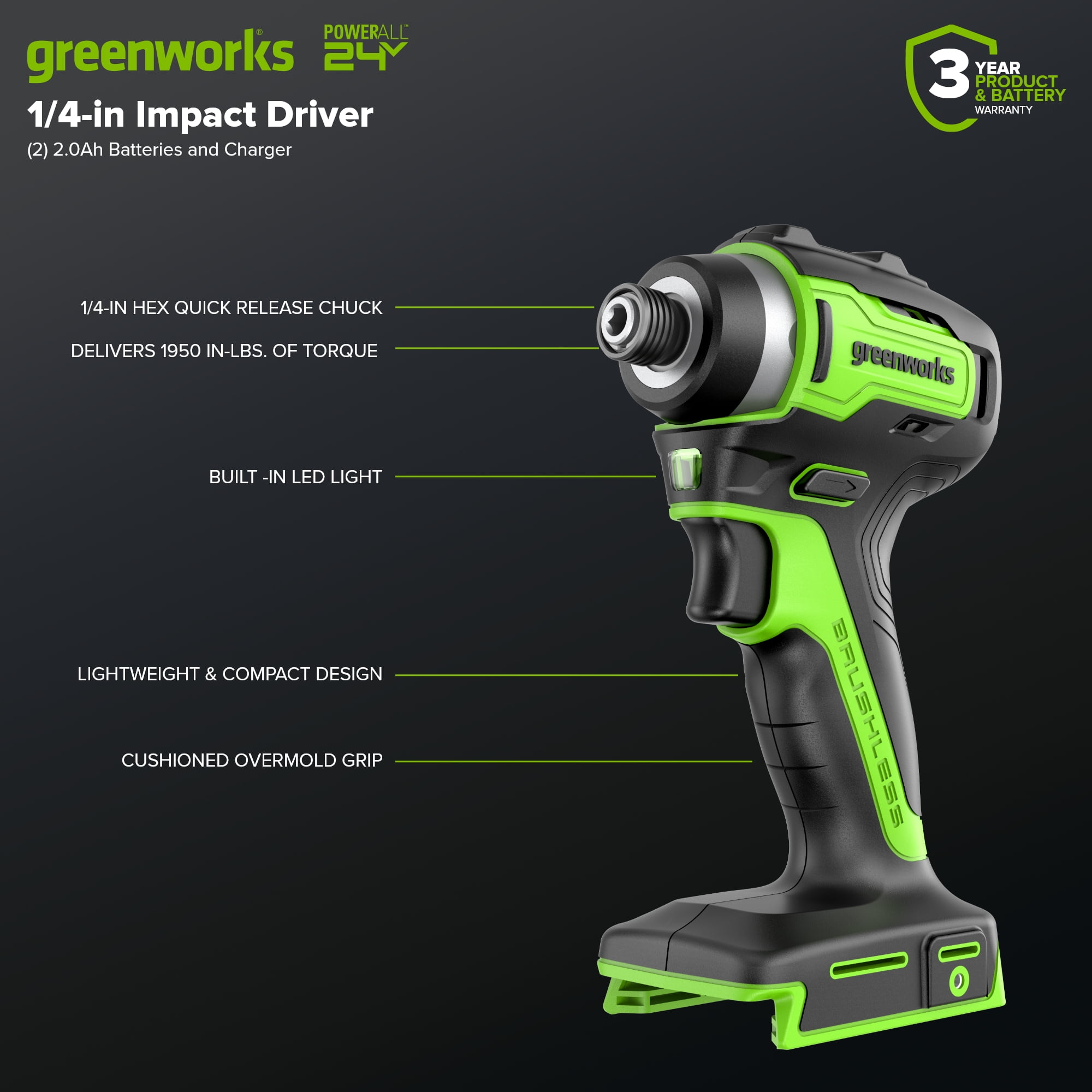 Greenworks 24V Brushless Cordless Impact Driver Kit (Green, 8-Piece Set) vj8tc - Image 12