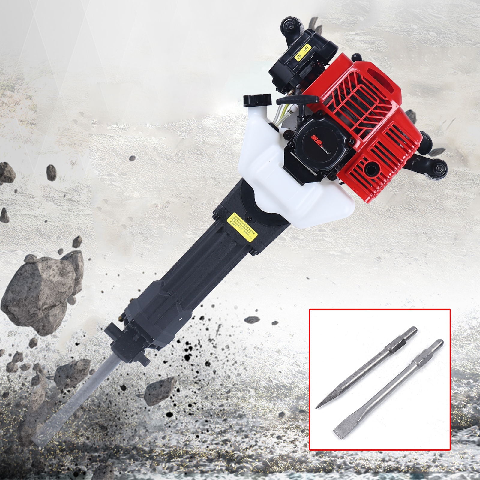 Wuzstar 52cc 2-Stroke Gas Powered Demolition Jack Hammer Concrete Breaker with 2 Chisels (Red, 6500 RPM) ss6ms