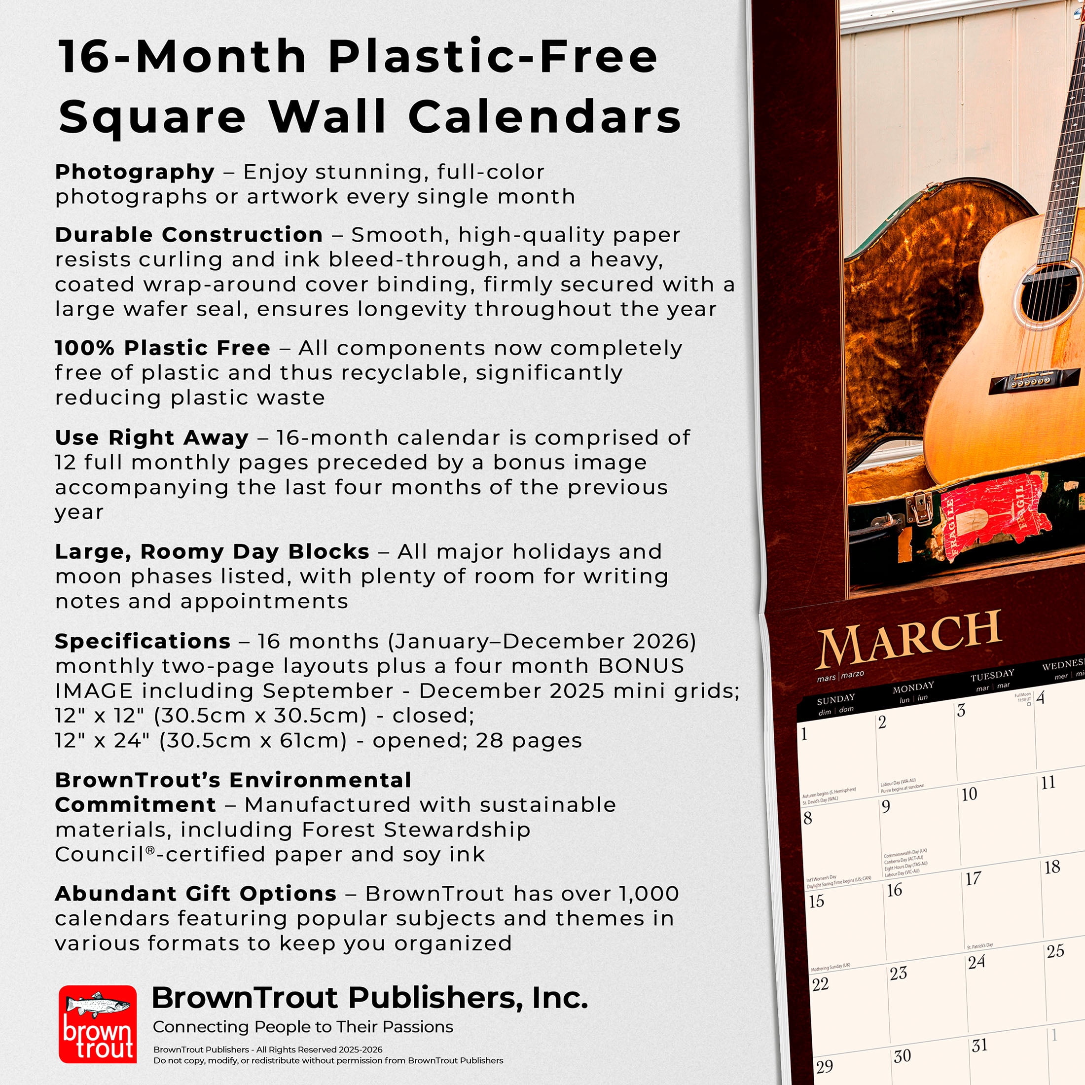 BrownTrout Vintage Guitars 2026 Wall Calendar, Hanging Square Monthly Planner (12 in x 24 in) vm55w