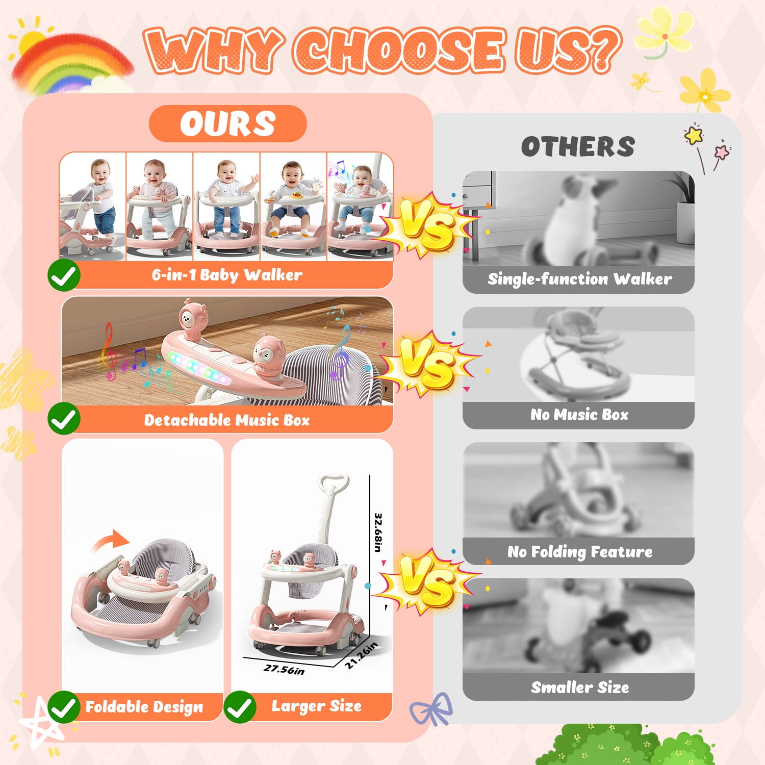 WonderStone 5-in-1 Baby Walker and Activity Center, Foldable Push Walker with Music and Lights (Pink, 27.5 in x 21 in x 19.68 in) 43quc