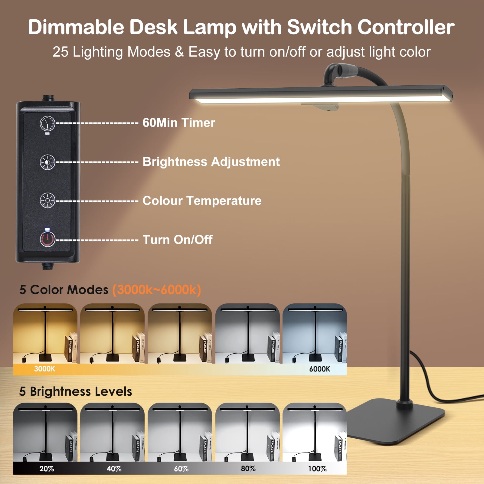 Lococo LED Desk Lamp, Tall Gooseneck, 5-Level Dimmable Brightness & Color for Home Office (14-24.4 in) 46lk1
