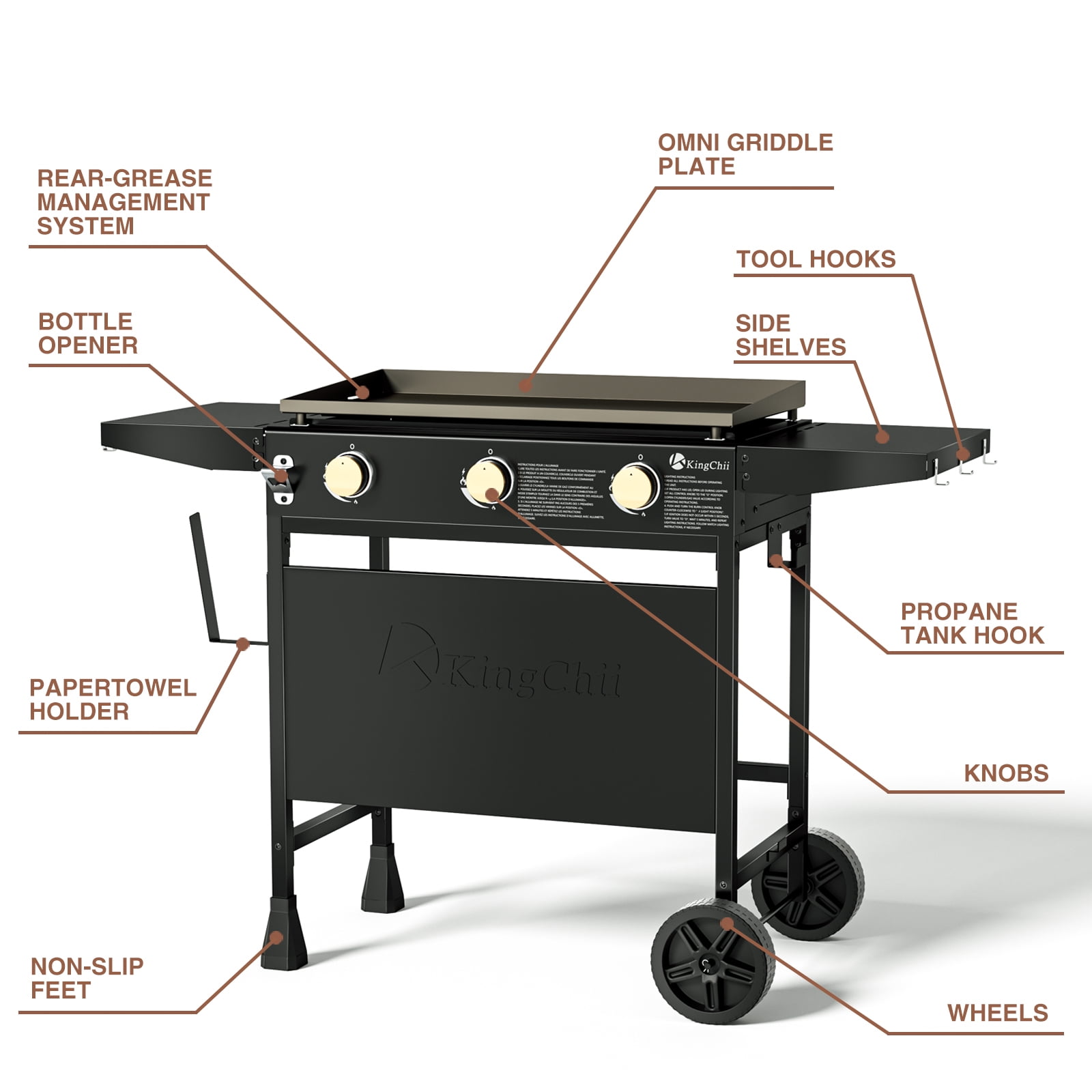 KingChii 3-Burner Propane Griddle Outdoor Flat Top Gas Grill with Side Shelves (Black, 27 in) w1gqf