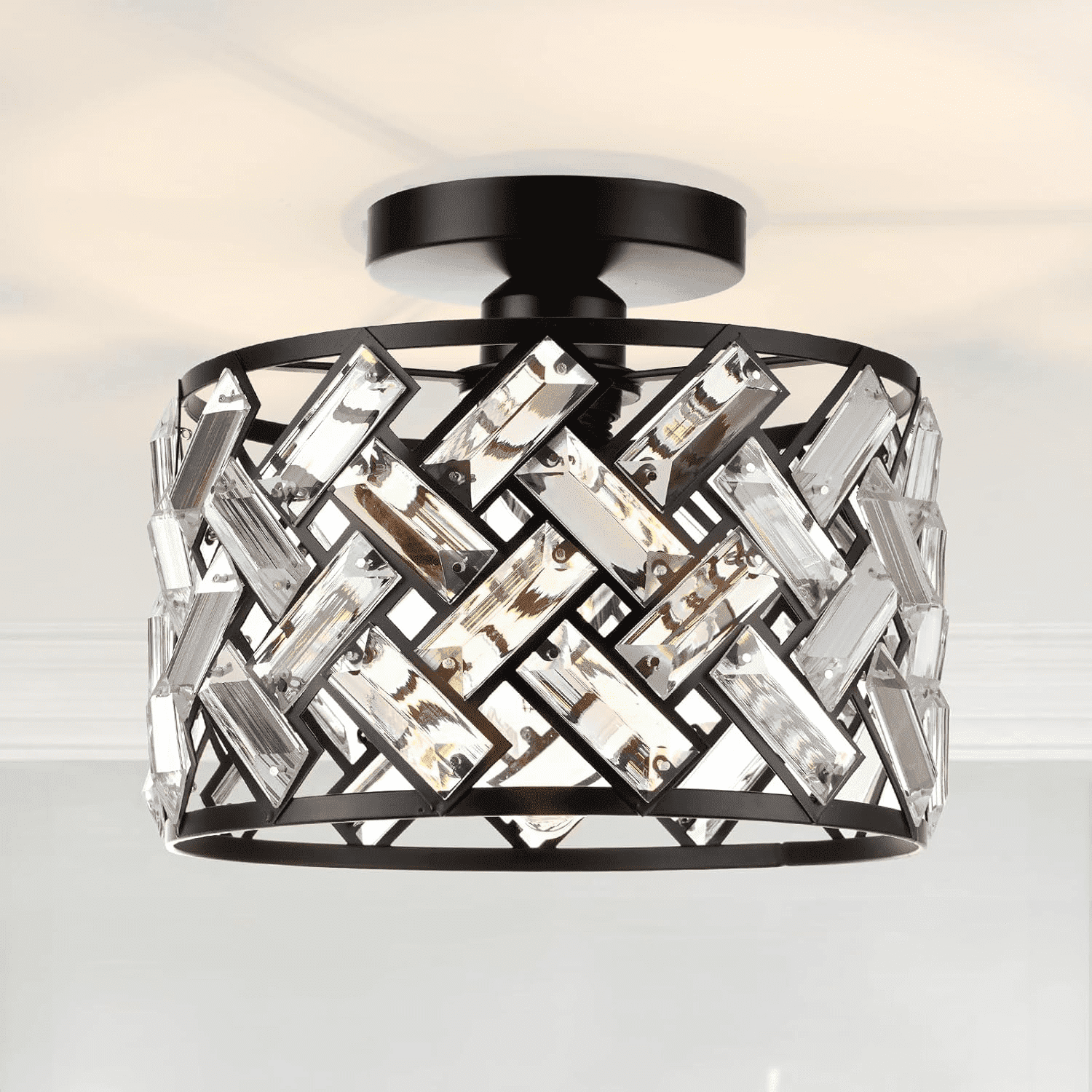 FRIDEKO HOME Modern Crystal Semi Flush Mount Ceiling Light, Black Metal Drum Fixture for Hallway and Bathroom (8.86 in) 1f0g1