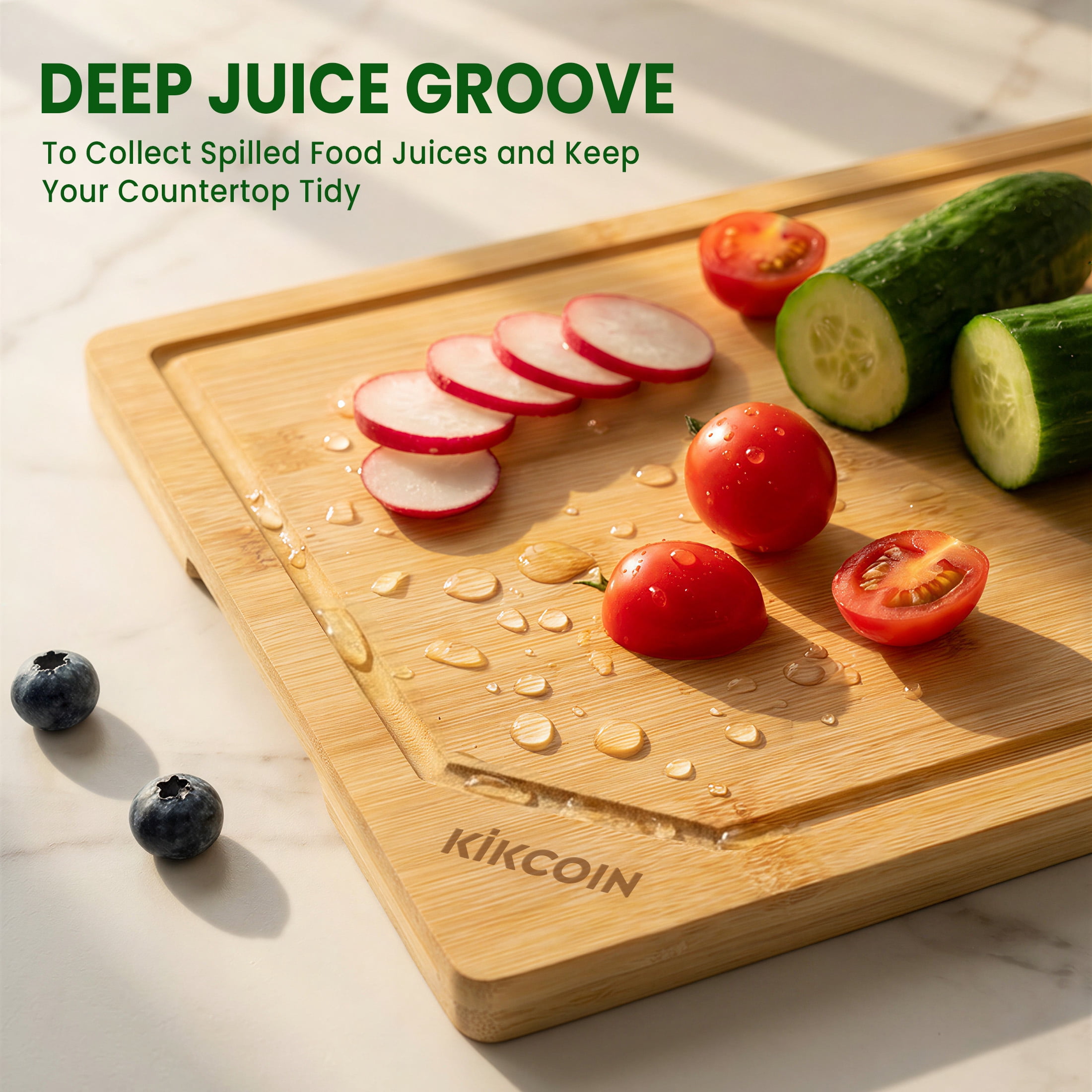 Kikcoin Bamboo Cutting Board for Kitchen, Reversible with Deep Juice Groove and Built-in Handle (17.1 in x 11.4 in) m0vsr