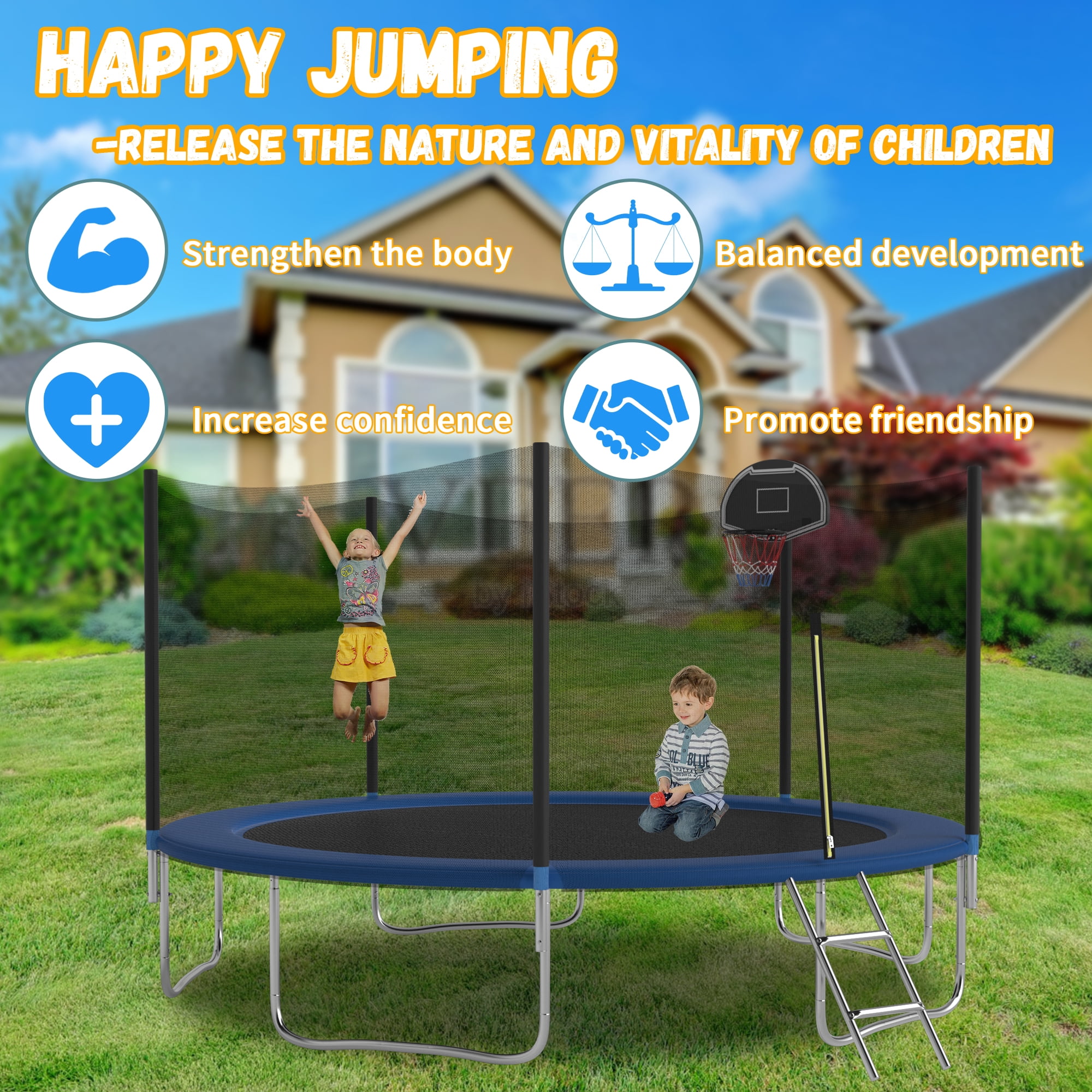 Shengchao Trade 14ft Outdoor Trampoline with Safety Enclosure Net and Basketball Hoop (Blue, 14ft) okcmf