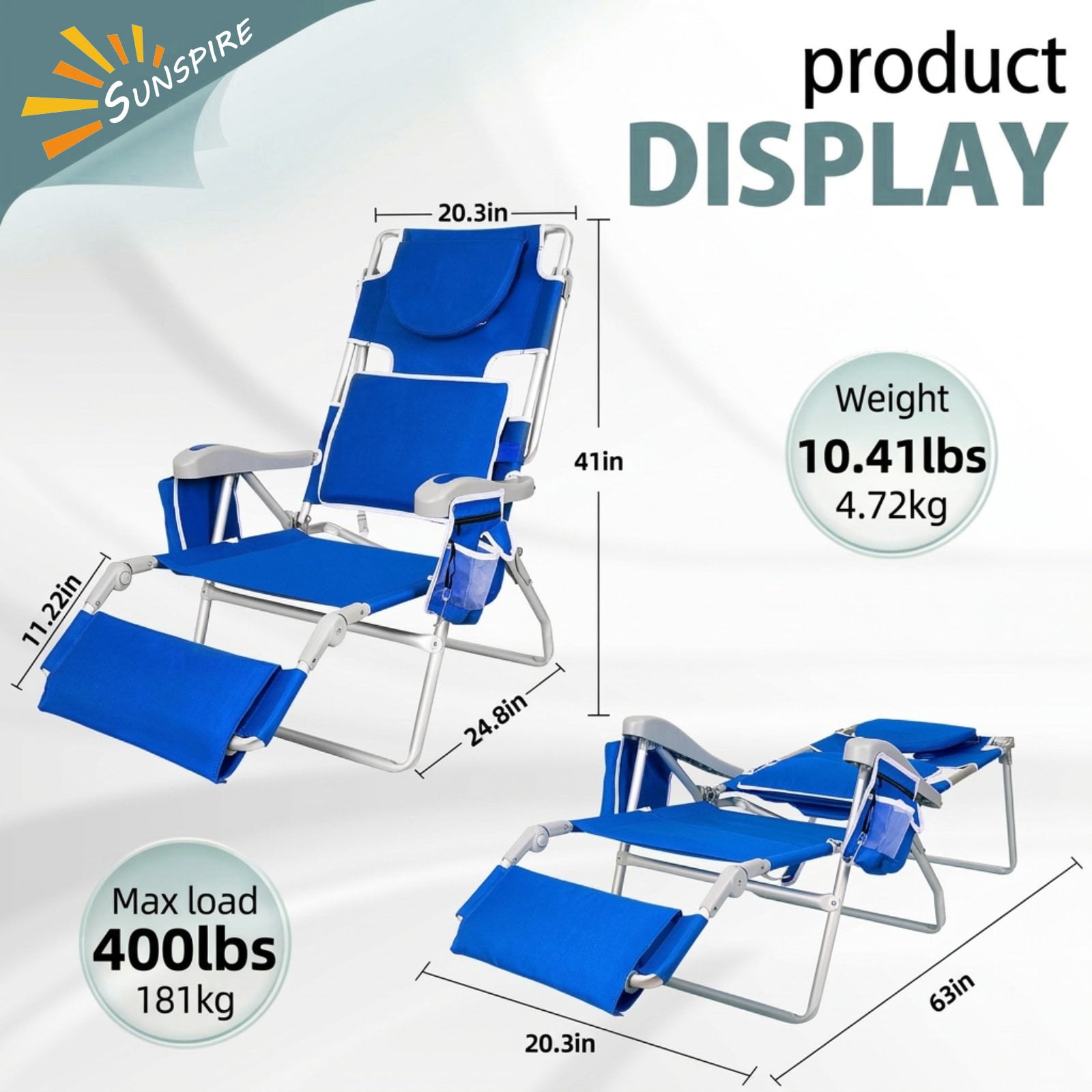 SUNSPIRE 3-in-1 Reclining Beach Chair with Face Hole and Cooler Bag (Blue, 14.6 in Seat Height) mgc0z