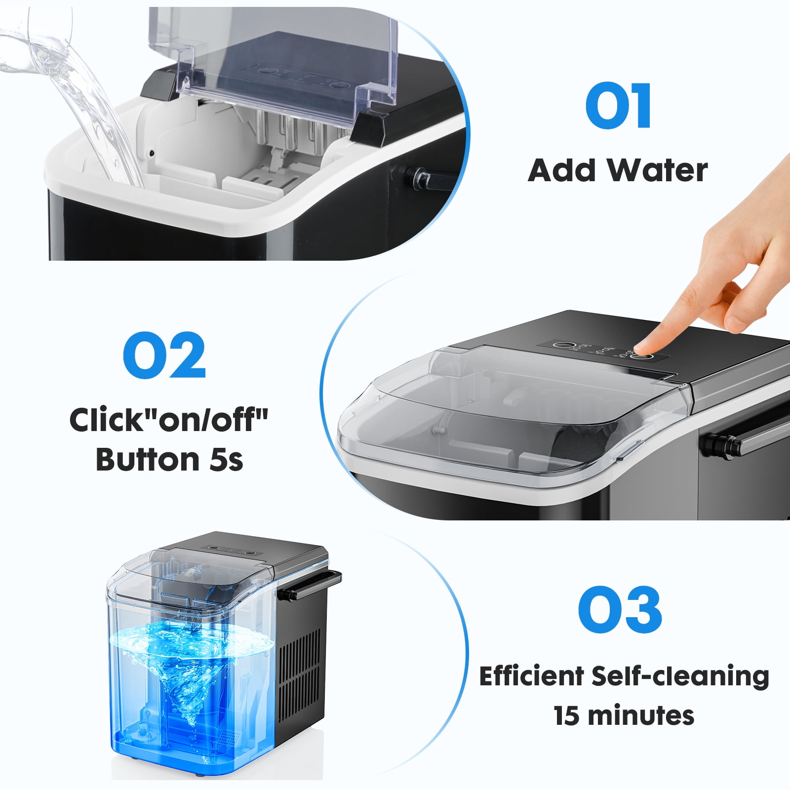 EDX Countertop Ice Maker, Portable Self-Cleaning Ice Machine with Handle and Scoop (Black, 26.5 lb Daily Capacity) w4hwj