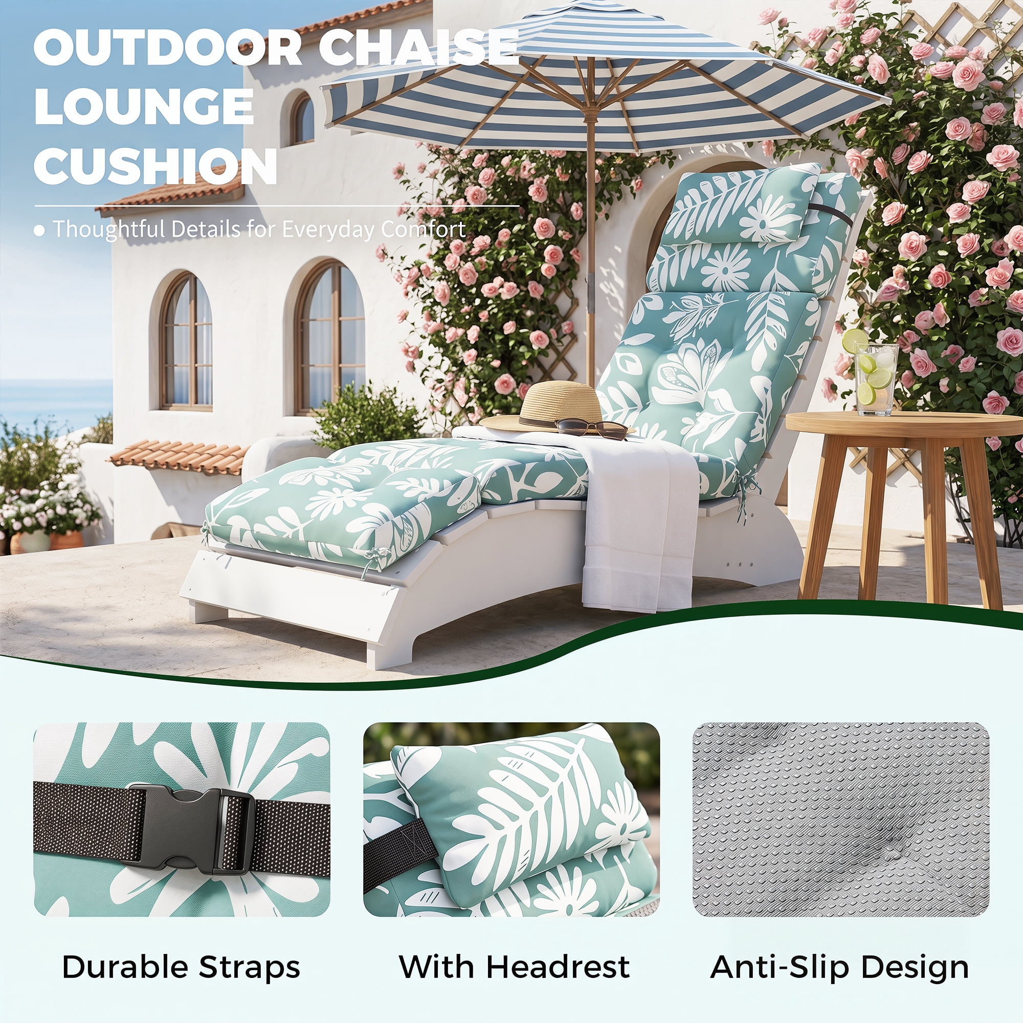 FOOWIN Waterproof Outdoor Chaise Lounge Cushions with Headrest, Fade-Resistant Patio Chair Pads (Green, 72 in x 21 in x 5 in, Set of 2) yd6lo