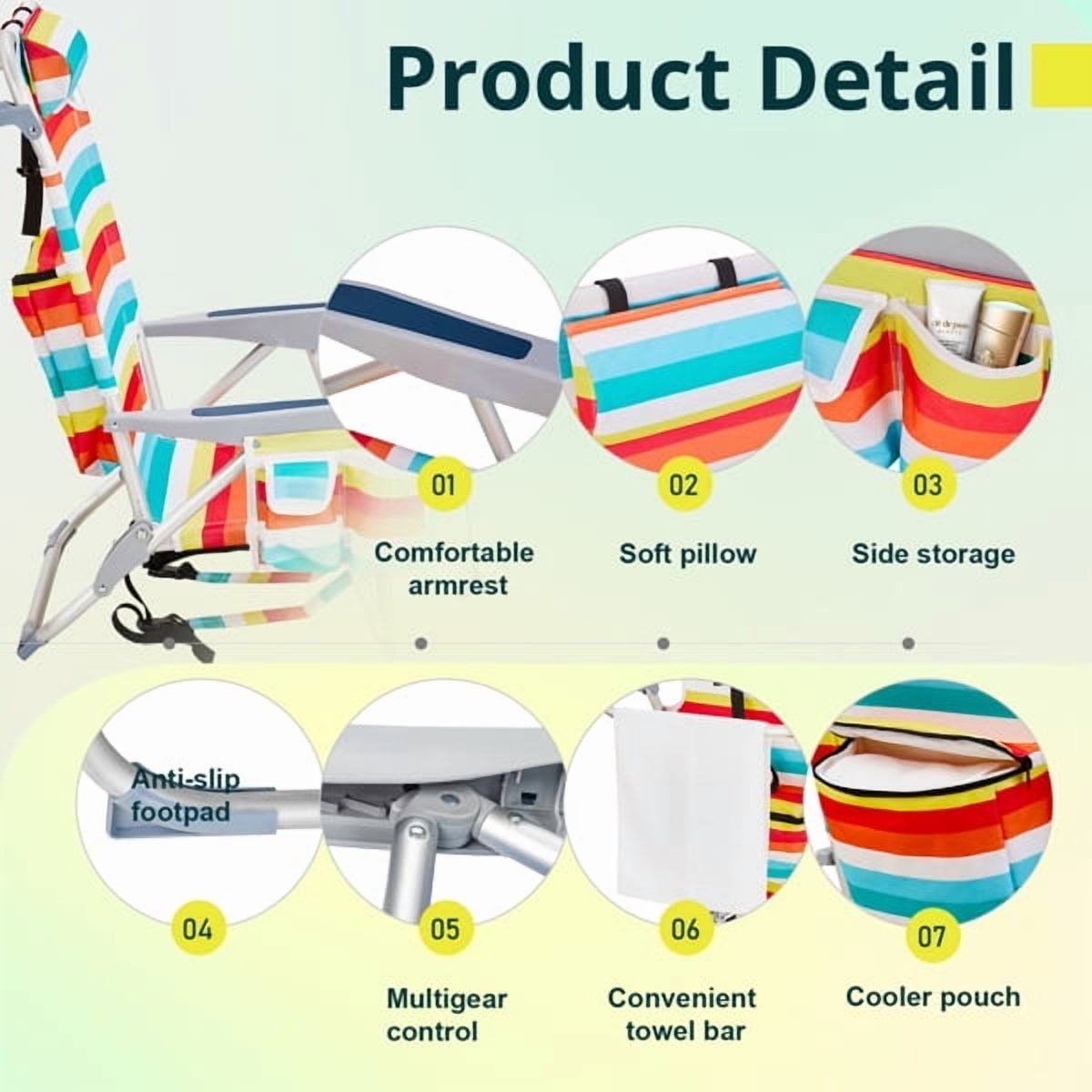 AsterOutdoor Folding Beach Chair with Adjustable Backrest and Cup Holder (Rainbow Stripes, 220 lb Capacity) d2h9m