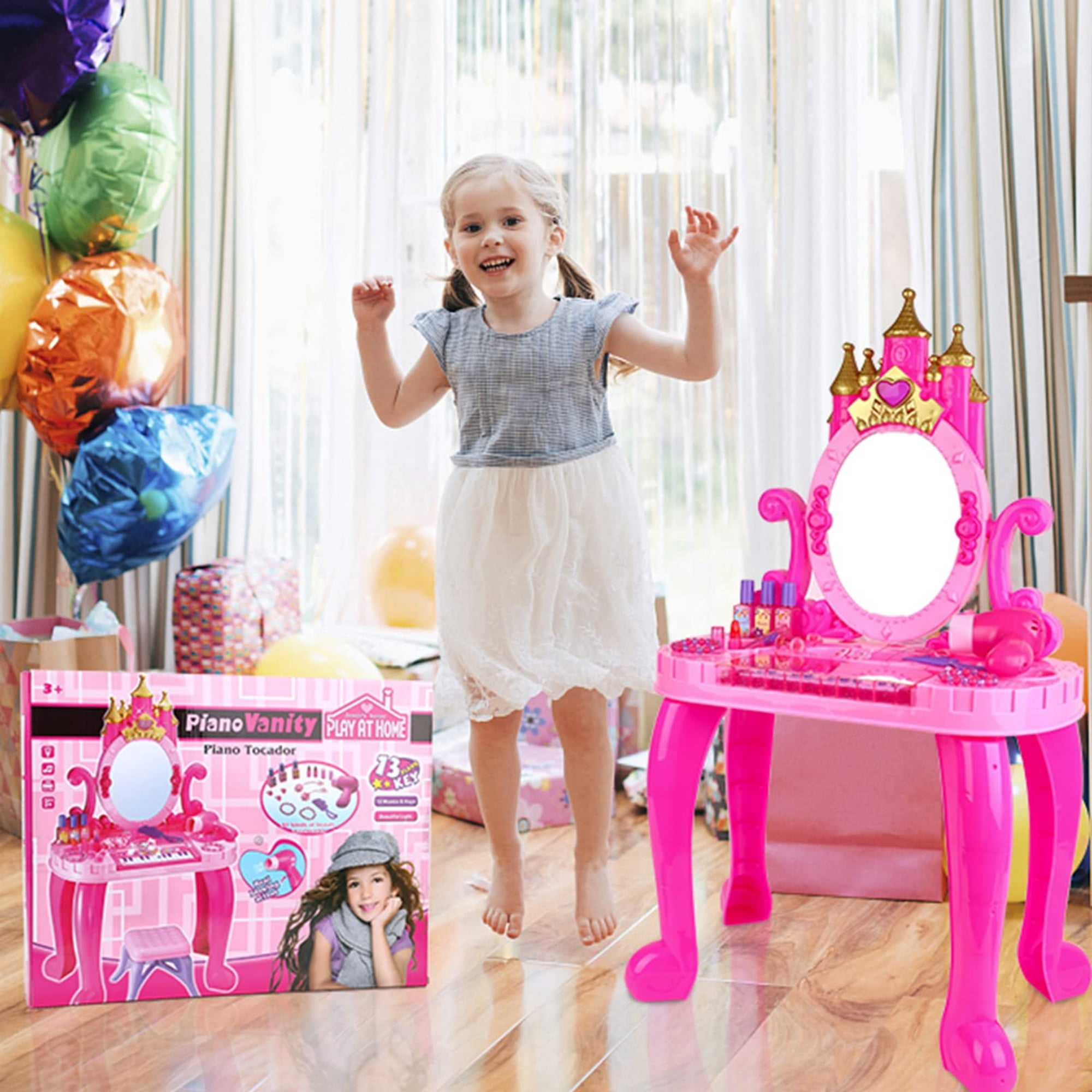 Jugaad Life Toddler Vanity Makeup Table Set with Adjustable Mirror and Chair (Pink, 1 Set) fl3k3