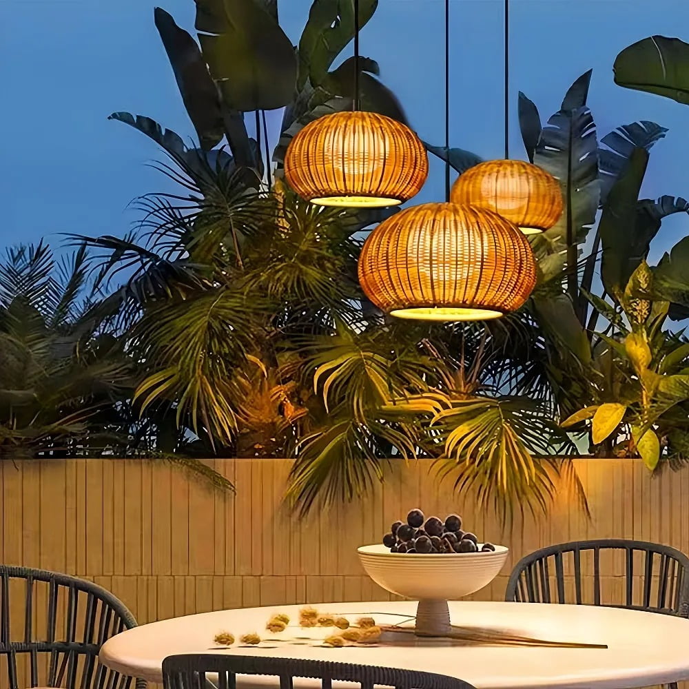 LittleGlovo Hand-woven Rattan Chandelier Waterproof Outdoor Hanging Light (Natural, 12 in) e5toj
