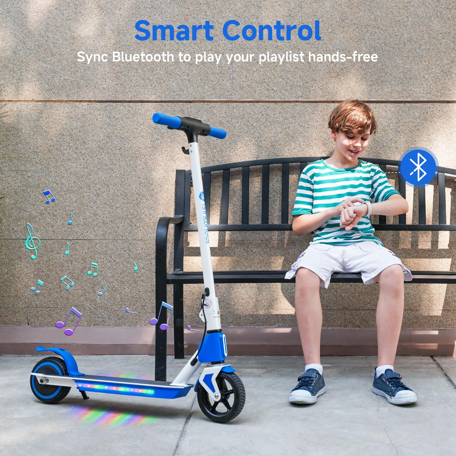 Rolldustry Electric Scooter for Kids with 200W Motor, 3 Speed Settings, LED Display, and Colorful Lights (Blue, 15.2 lbs) 5ge3y