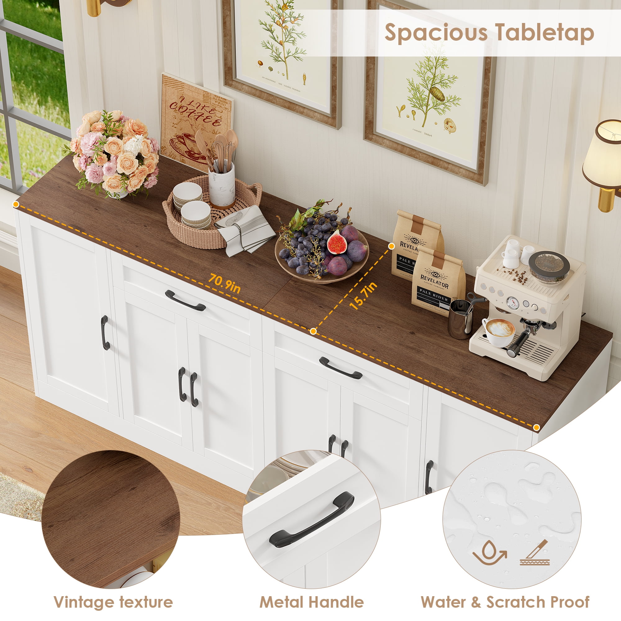 Hiphuta Modern Farmhouse Buffet Cabinet, Sideboard with 6 Doors and 2 Drawers for Kitchen and Dining Room (White, 70.87 in W x 15.75 in D x 34.25 in H) j9ays