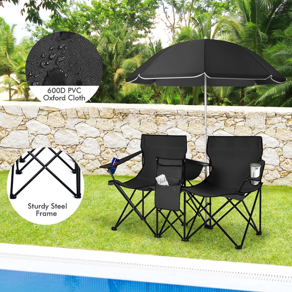 Kadyn Double Folding Camping Chair with Umbrella, Portable Outdoor Picnic Loveseat with Cooler Bag (Black, 2-Seat) vqnre