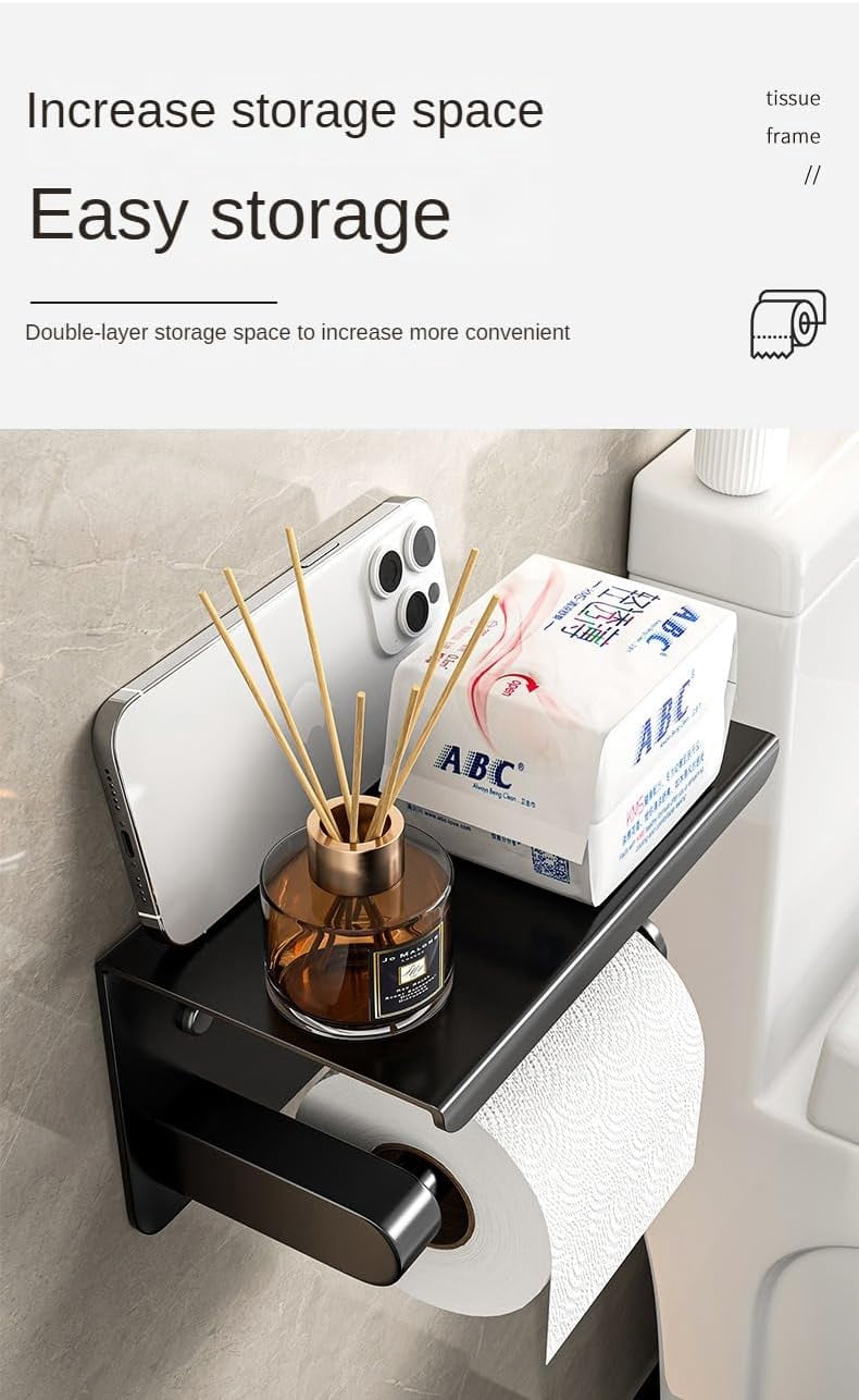 Carestrong Stainless Steel Toilet Paper Holder with Phone Shelf (Black, 7.1 in x 3.9 in) ow2ql