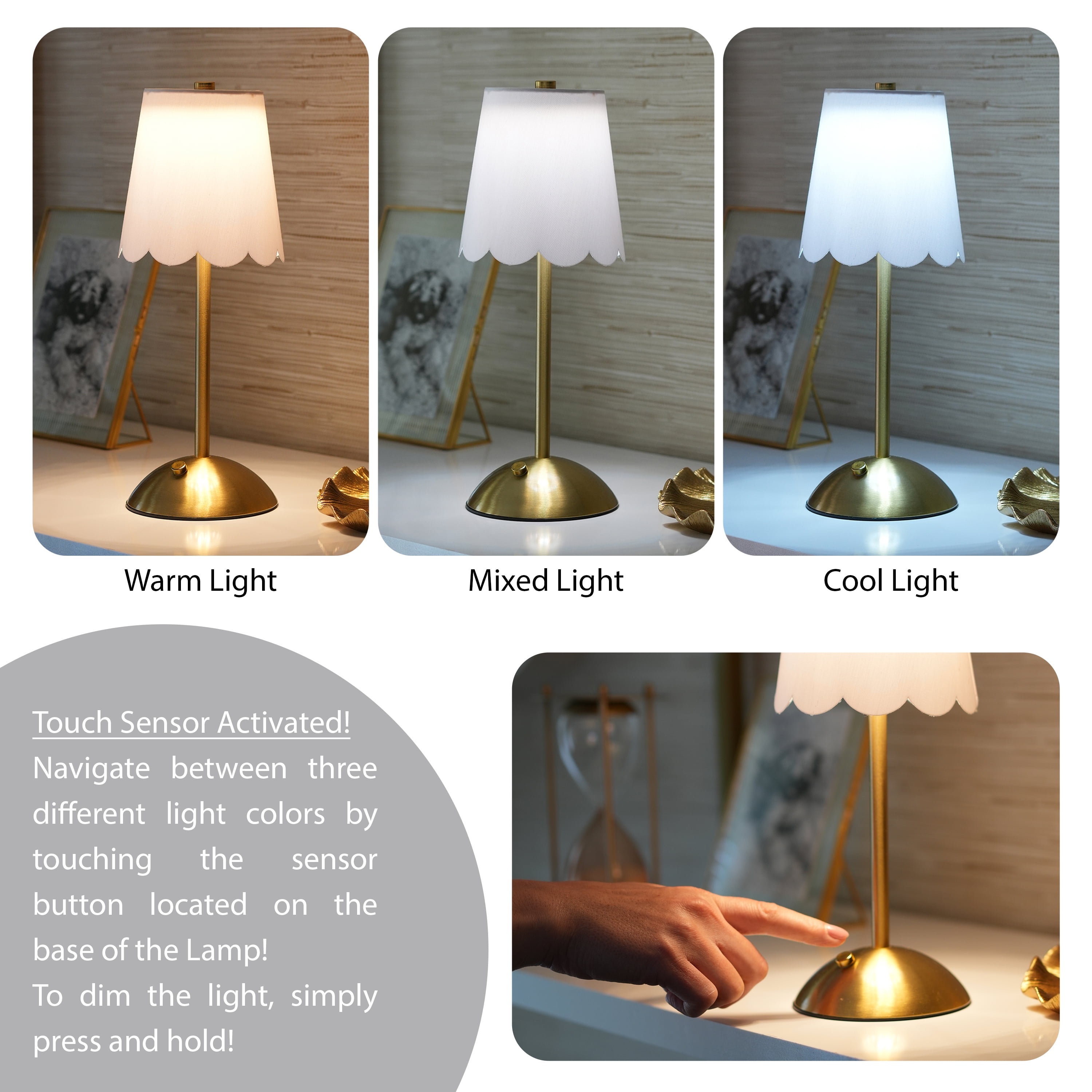 Home Decor Collection Cordless Rechargeable LED Table Lamp with Dimmable 3-Light Settings (Brass, 11.9 in) 6086e