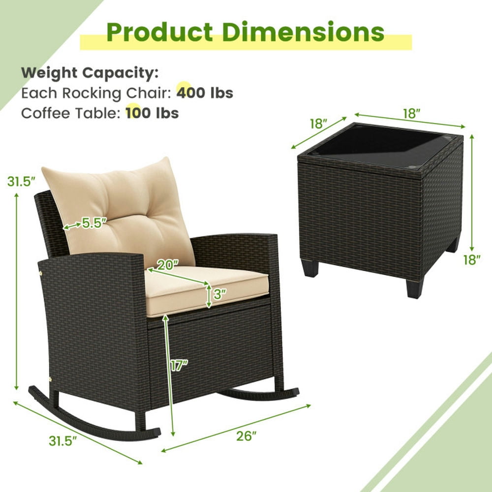 Barara King 3-Piece Outdoor Patio Rattan Rocking Chair Set with Tempered Glass Table and Cushions (Beige, 31.5 in x 26 in x 31.5 in) msh7w