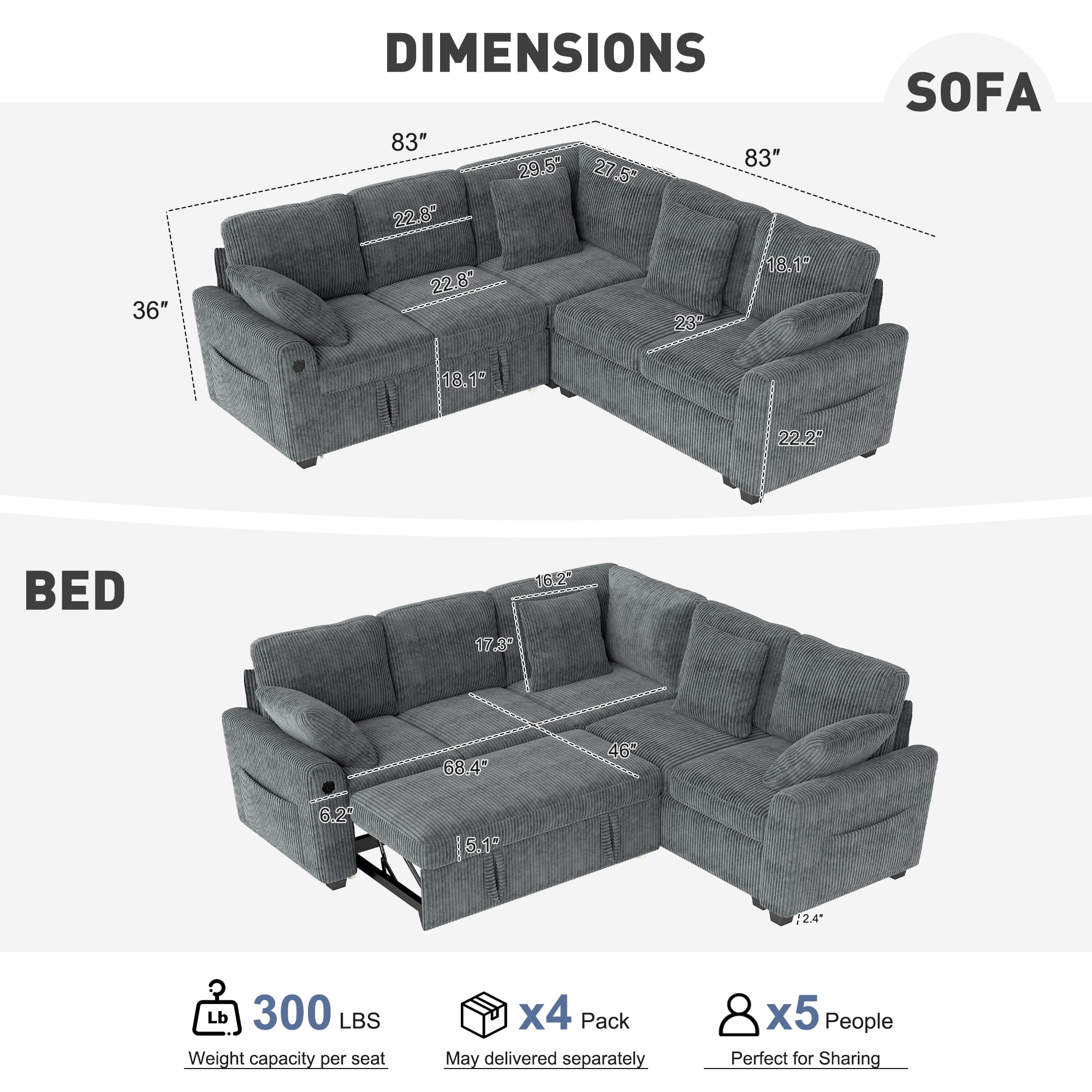 BedLuxury Sectional Sleeper Sofa with Pull-Out Bed, Storage, and USB Charging (Corduroy Gray, 83 in) hox21