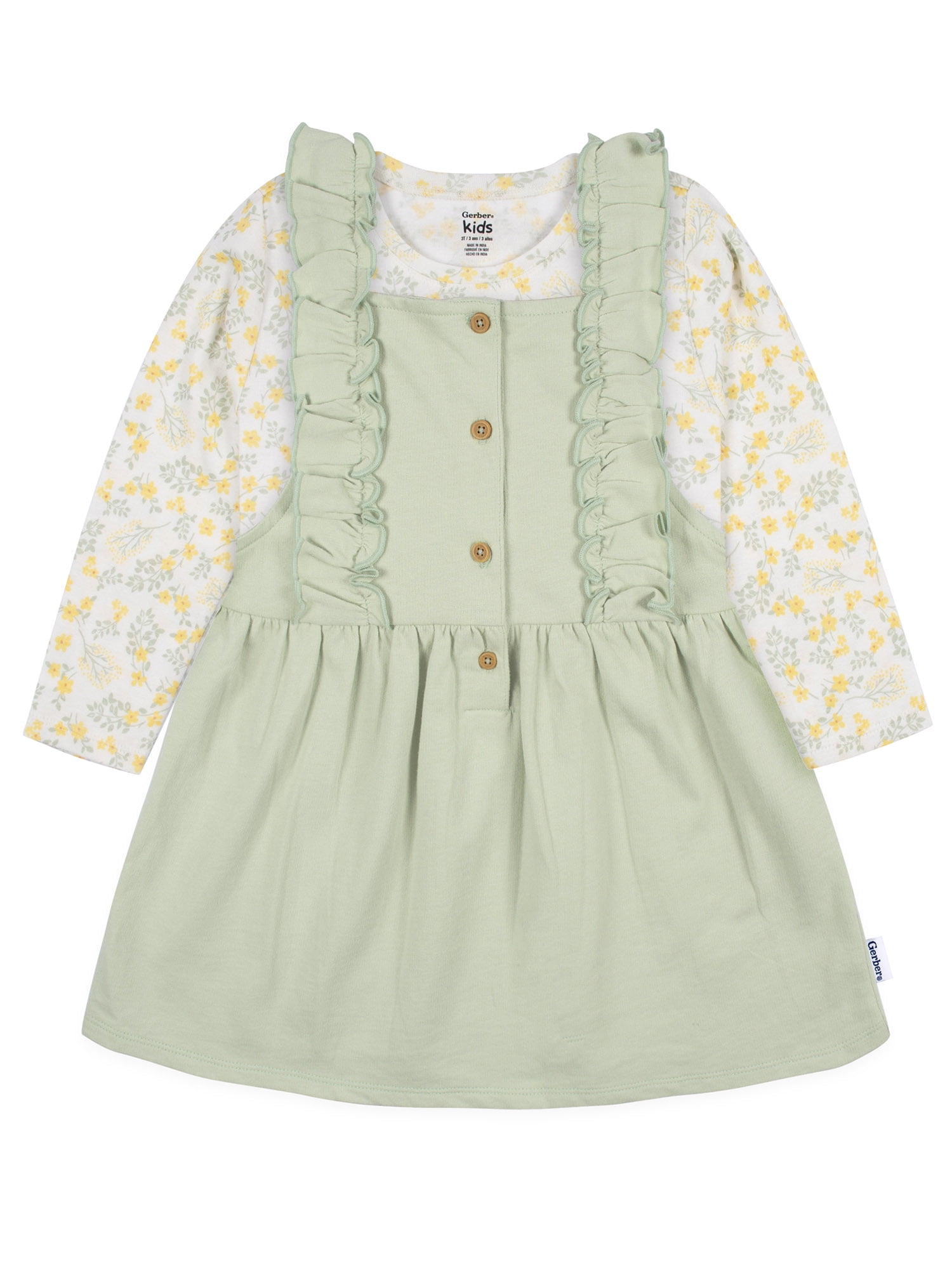 Gerber Baby Girl Jumper and Long Sleeve Top Outfit Set (Green, 12 Months - 2T) l11zn