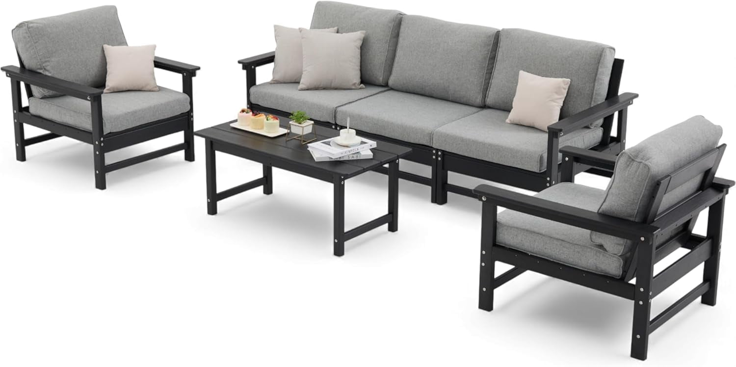 AZXZCS HDPE Outdoor Patio Furniture Set, 6-Piece Conversation Sofa Set with Cushions (Black, 6-Piece) pi1d6