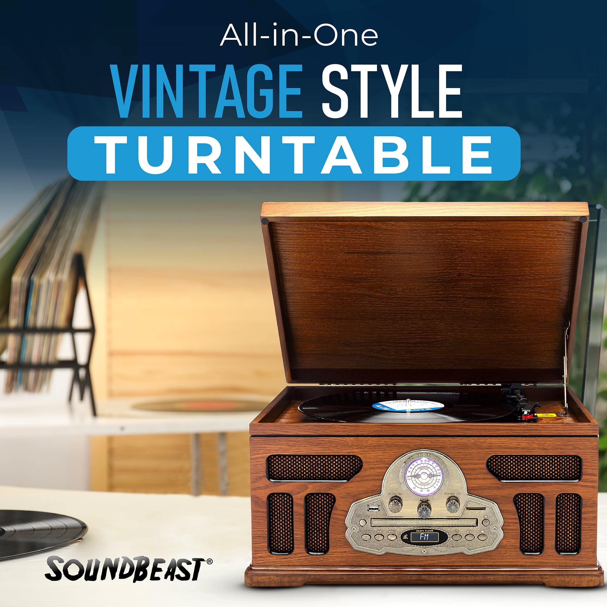 SoundBeast All-in-One Vintage Turntable with Bluetooth, CD, Cassette, and AM/FM Radio (Brown, 17 in x 13 in x 9.3 in) lersp