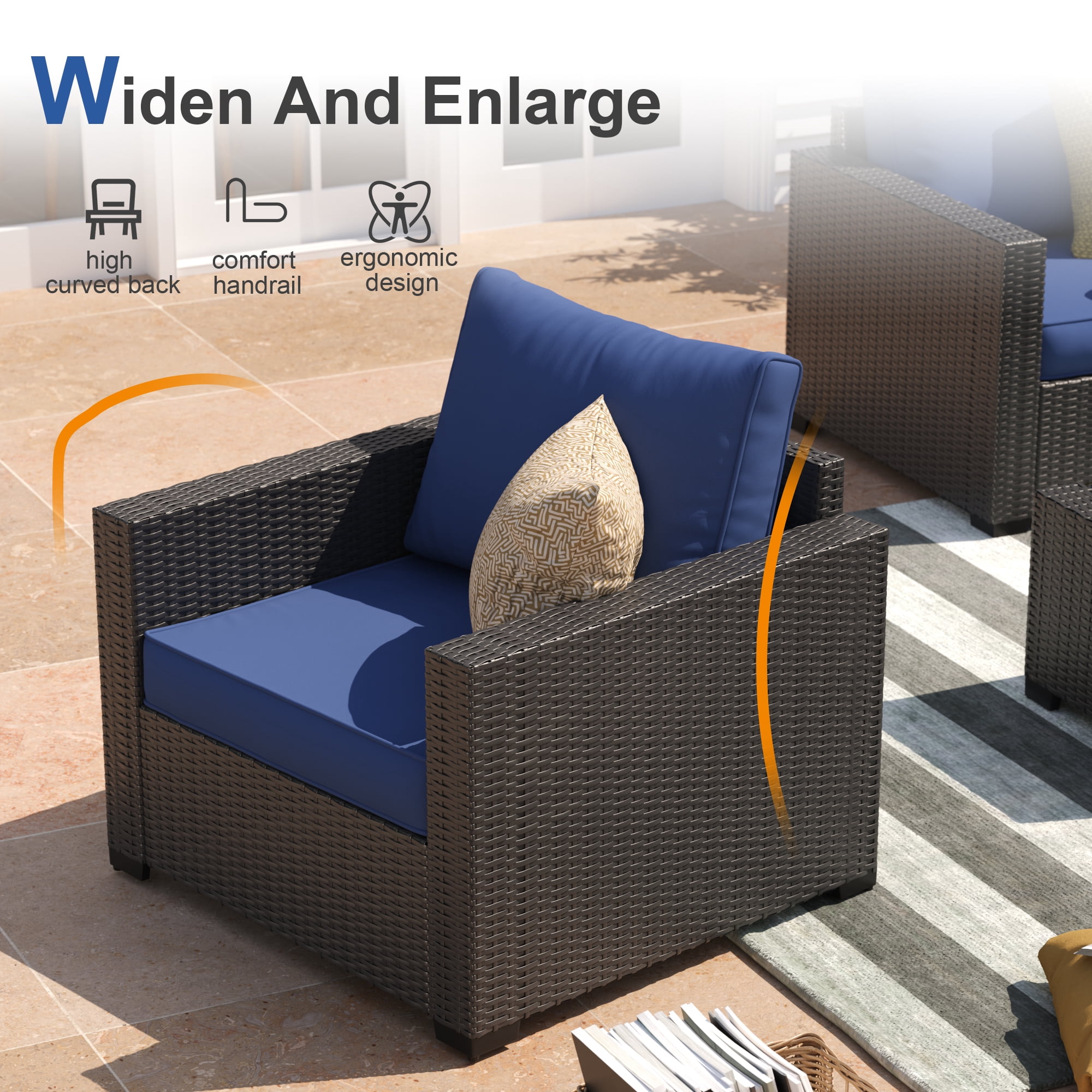 Gasee 7-Piece Outdoor Patio Furniture Set, Rattan Sectional Sofa with Coffee Table (Navy Blue, 7 Pieces) kw1mu