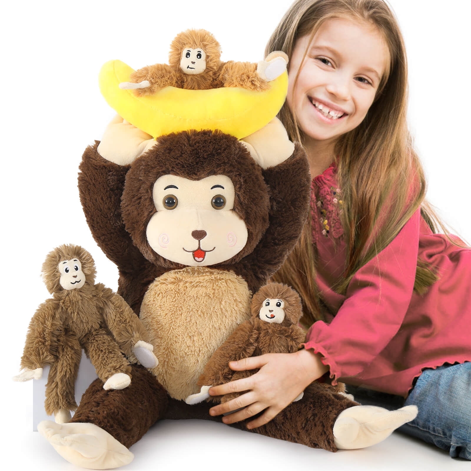 MaoGoLan Monkey Mommy Stuffed Animal Set with 3 Baby Monkeys and 1 Banana Plush Toy (Brown, 25.6 in) lcchm