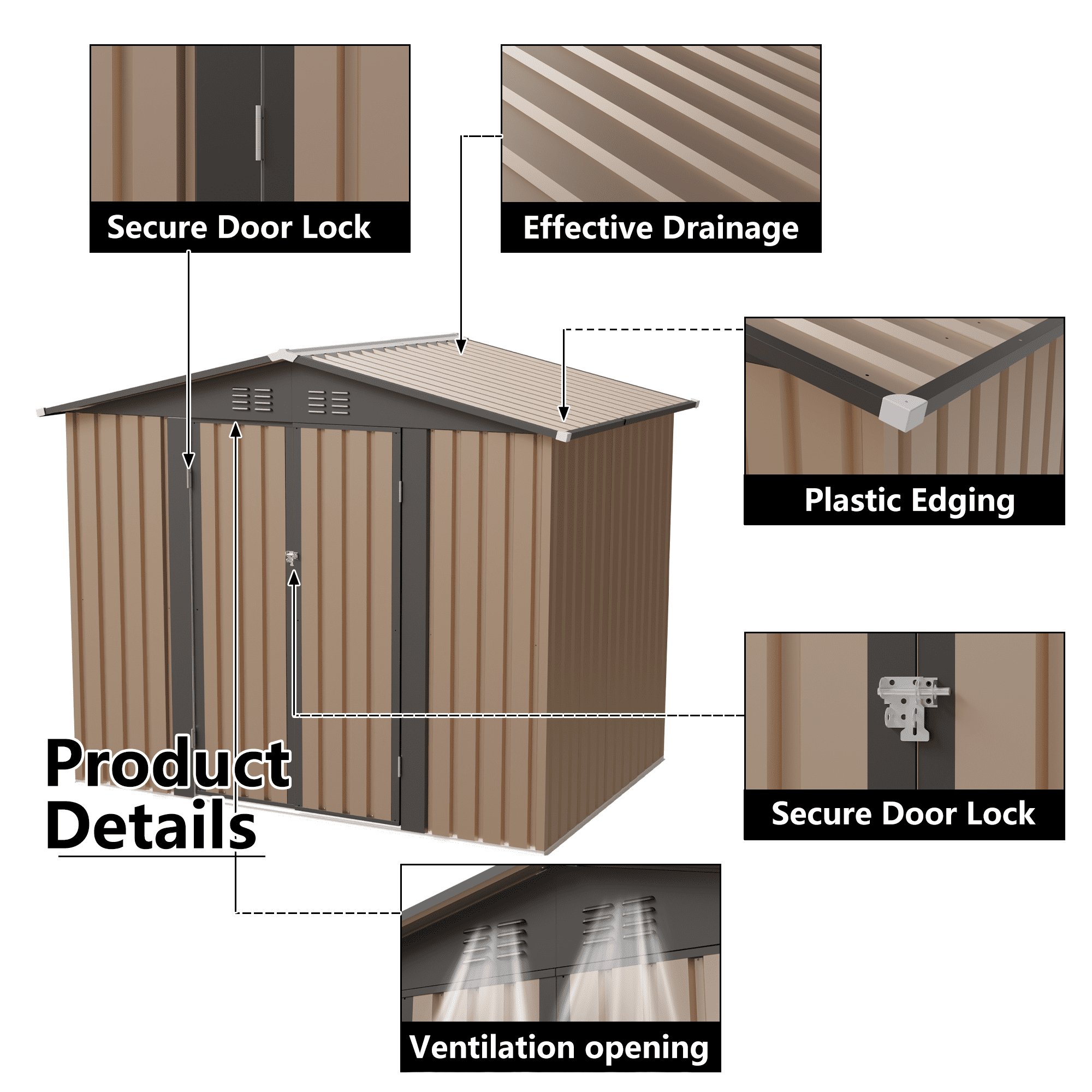 FFZ Galvanized Steel Garden Storage Shed with Apex Roof (Brown, 8x6 ft) l2dlr