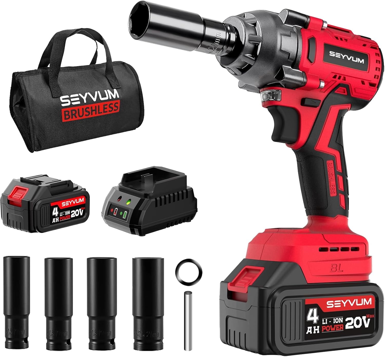 SEYVUM 20V Cordless Impact Wrench Kit, 1/2-Inch Electric Power Tool with 4.0Ah Battery, Fast Charger, 320 ft-lbs Torque (Black, 1 Kit) mmrqi