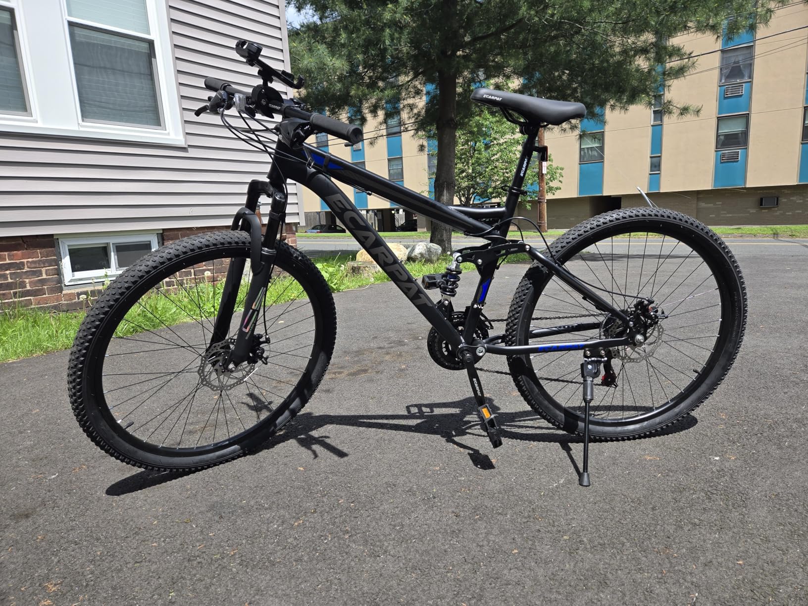POVANLI 27 in Mountain Bike, Dual Full Suspension Trail Bicycle with 21-Speed Shimano Drivetrain and Dual Disc Brakes (Blue, 27 in) 1l7f5
