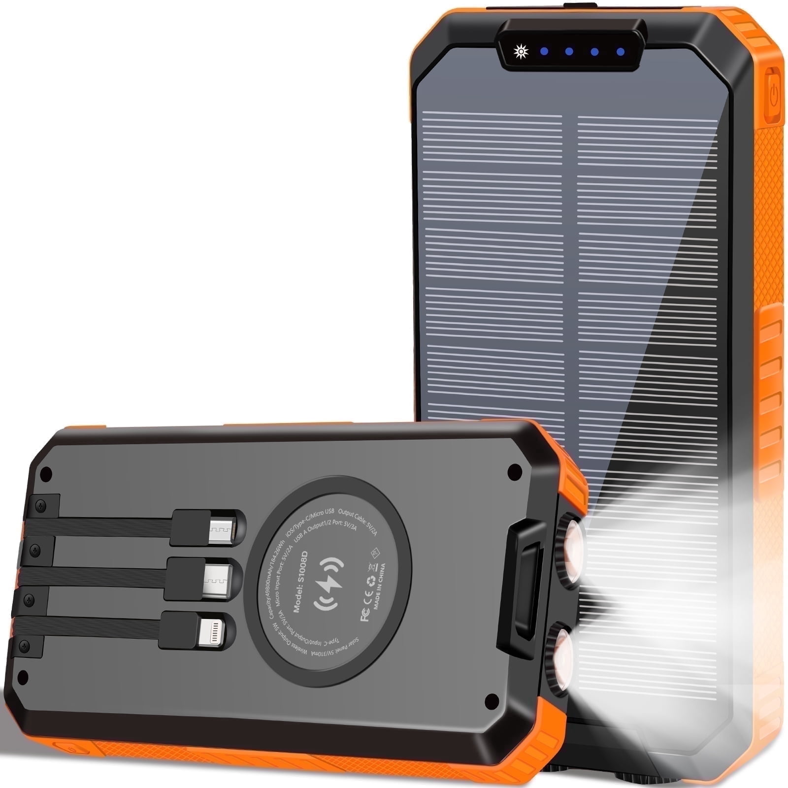 Yelomin 49800mAh Solar Power Bank Portable Wireless Charger with Built-in Cables and Flashlight (Orange) oaeoc