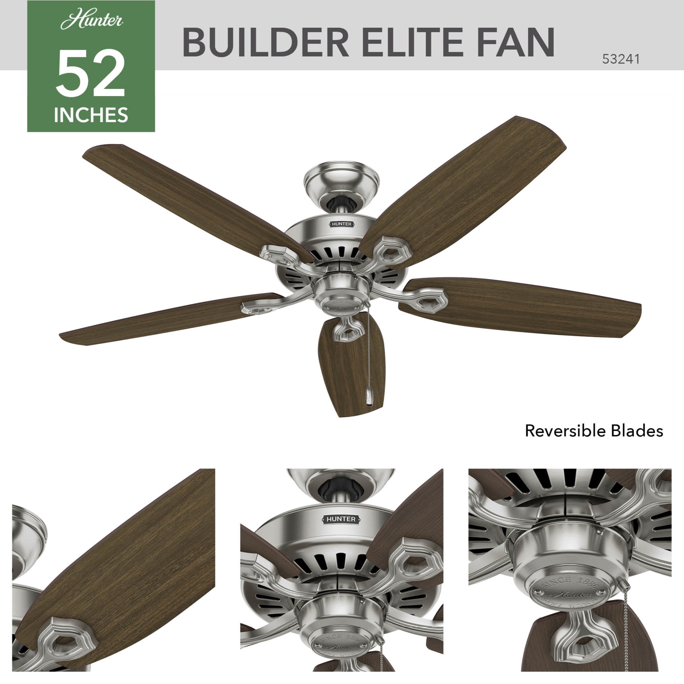 Hunter Builder Elite Indoor Ceiling Fan, 5-Blade Quiet Motor, Pull Chain Control (Brushed Nickel, 52 in) s0h1a