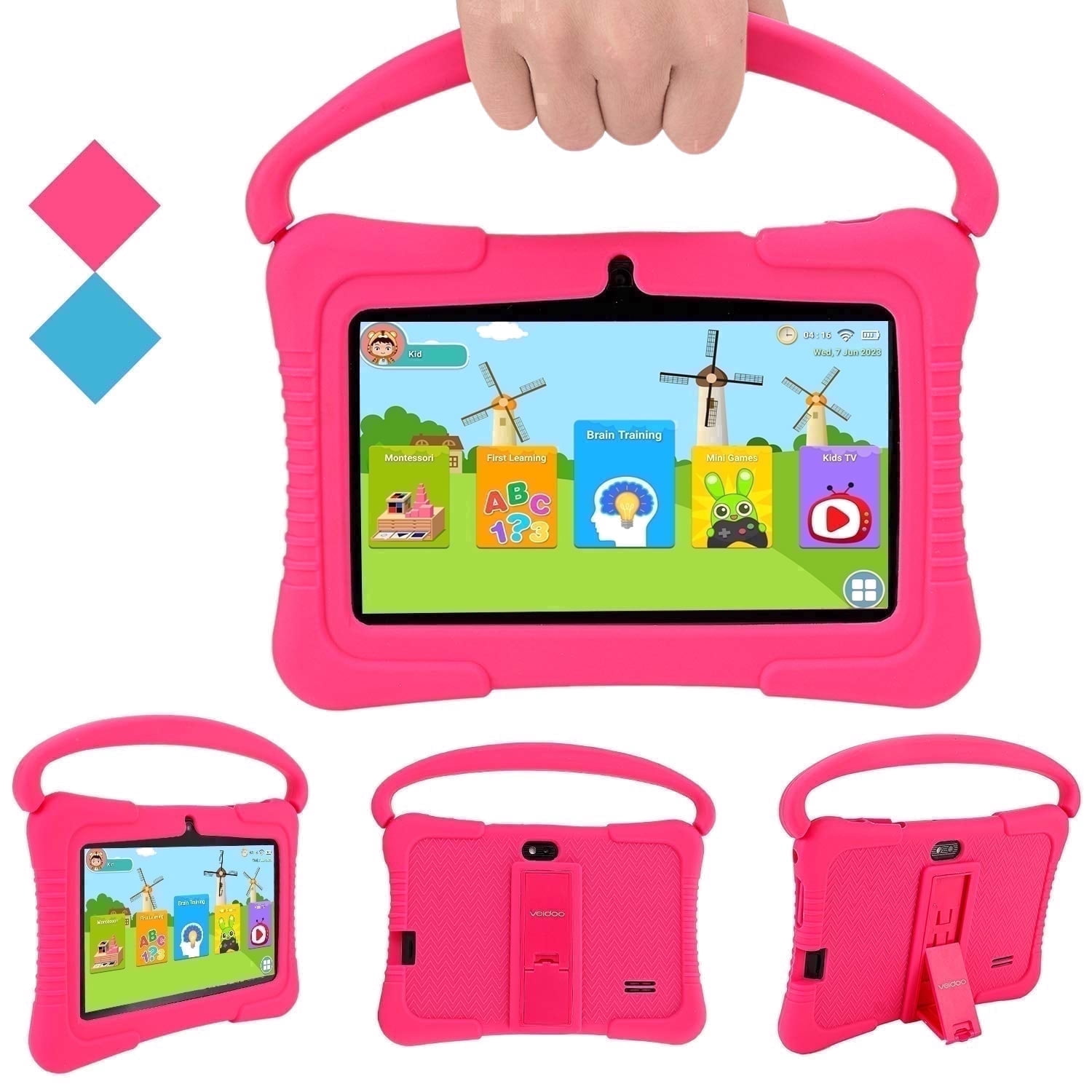 Veidoo Kids Tablet 32GB WiFi Android Learning Device with Silicone Case and Parental Controls (Pink, 7 in) 91xu6